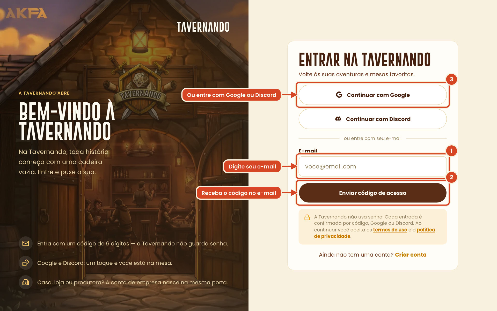 Tela Entrar na Tavernando com o campo de e-mail, o botão Enviar código de acesso e os botões Google e Discord destacados