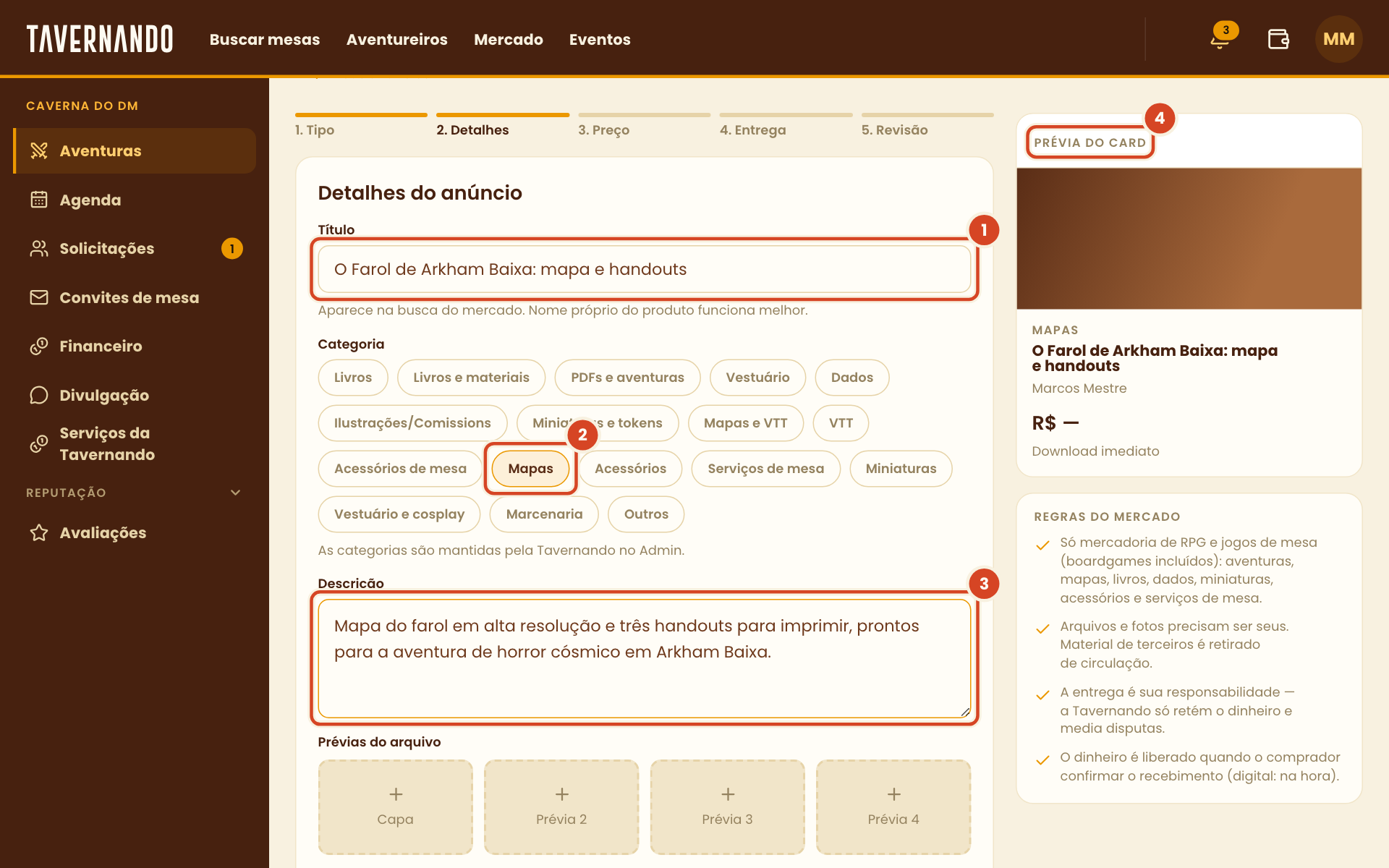 Passo Detalhes com o título, a categoria, a descrição e a prévia do card destacados