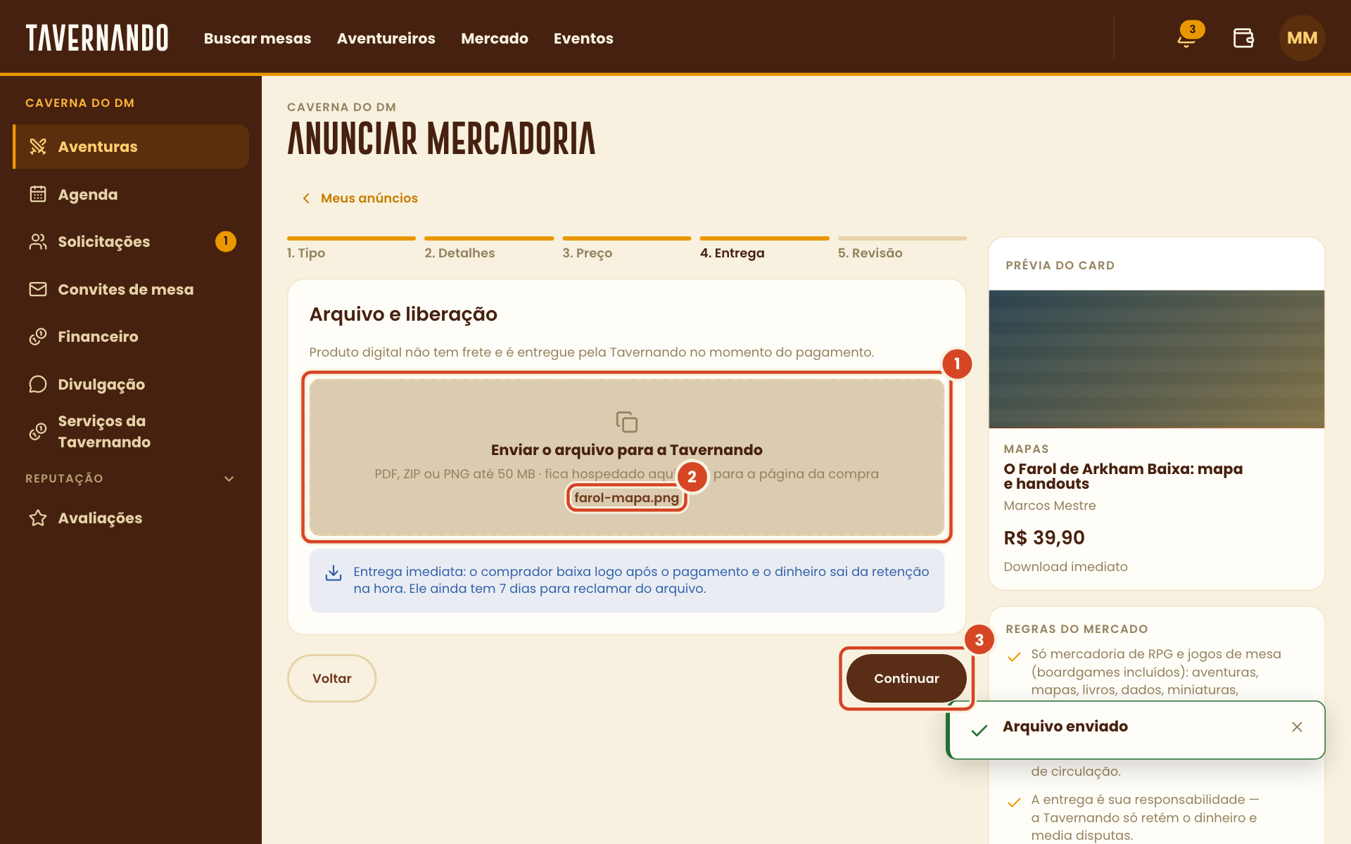 Passo Entrega com o envio do arquivo, o arquivo enviado, o aviso de entrega imediata e o botão Continuar destacados