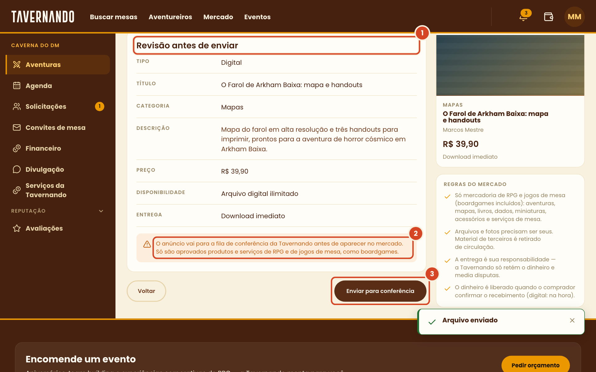 Revisão do anúncio com o resumo, o aviso de conferência e o botão Enviar para conferência destacados