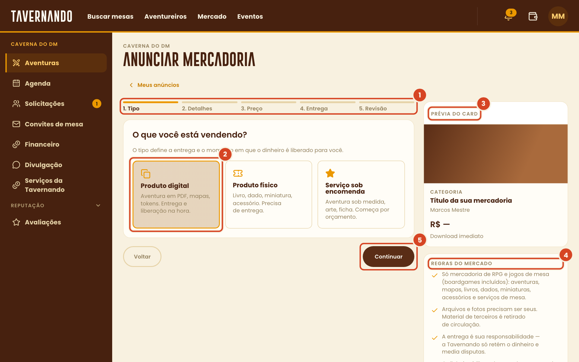 Passo Tipo com a trilha, os três tipos, a prévia do card, as regras do mercado e o botão Continuar destacados