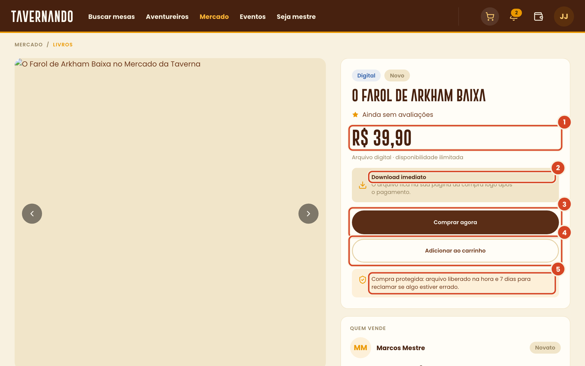 Página do anúncio vista pelo comprador com o preço, a entrega, Comprar agora, Adicionar ao carrinho e Compra protegida destacados