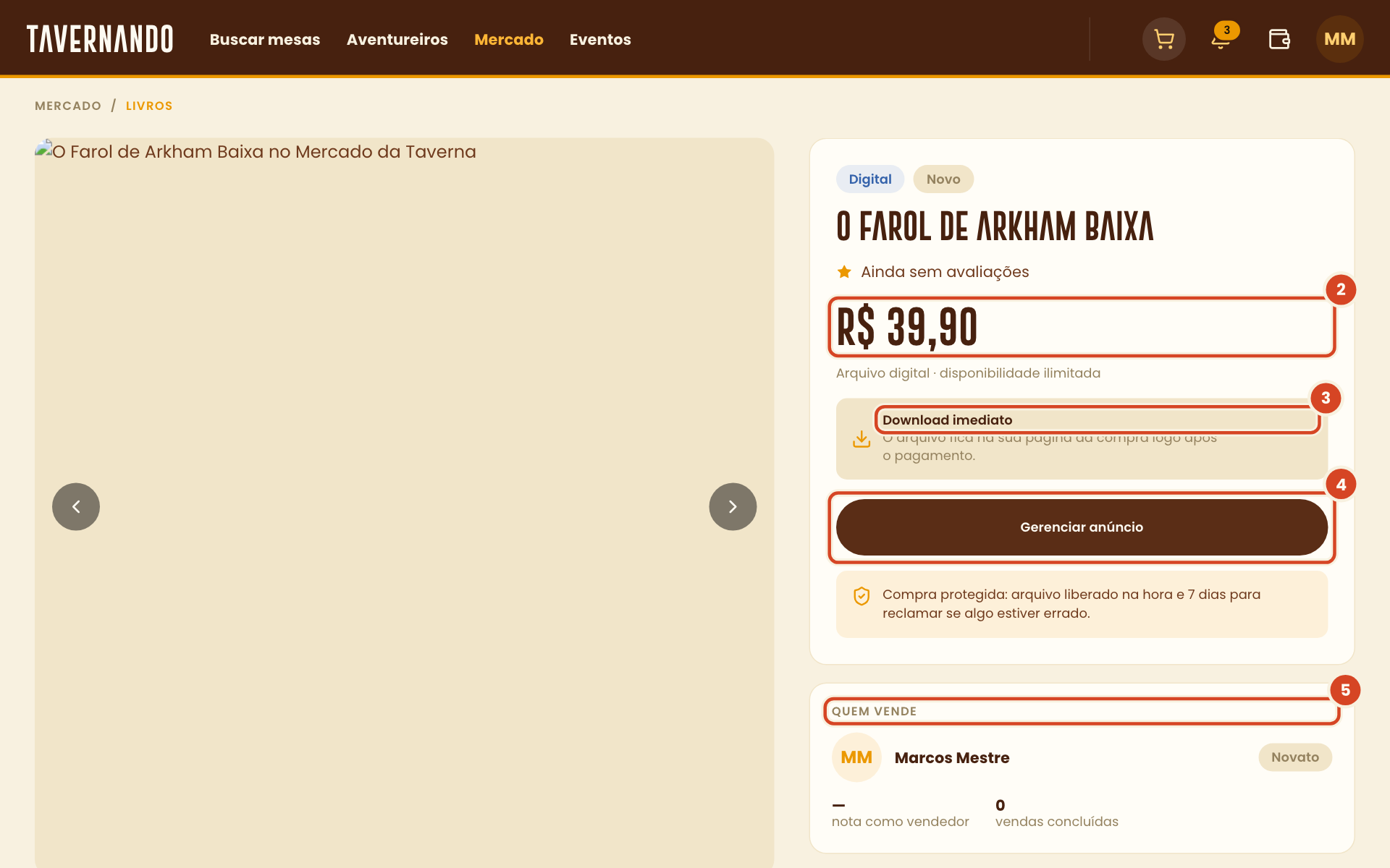 Página do anúncio vista por quem vende, com as prévias, o preço, a entrega, Gerenciar anúncio e Quem vende destacados