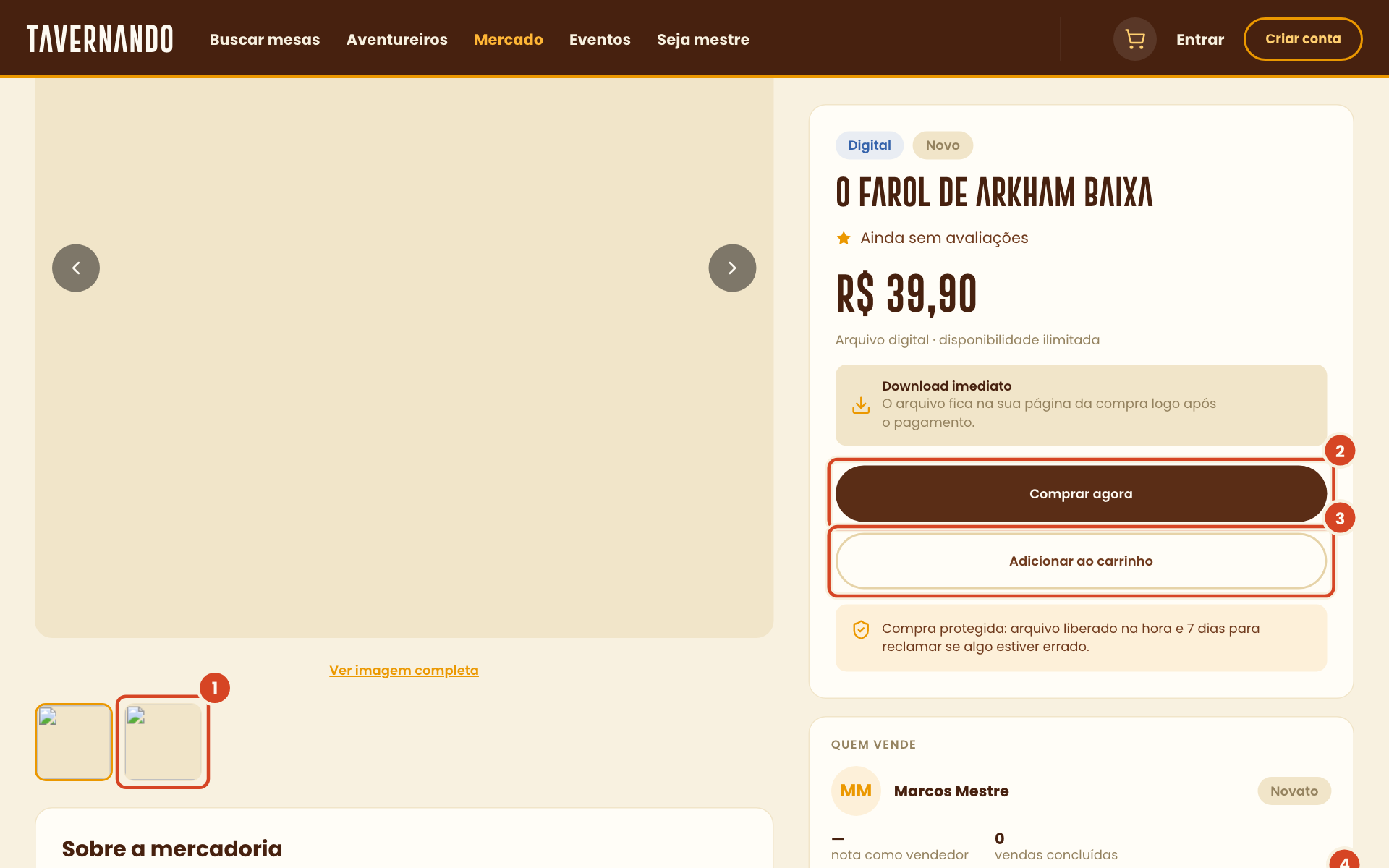 Página de um anúncio com a segunda foto, os botões Comprar agora e Adicionar ao carrinho e o botão Falar com o vendedor destacados