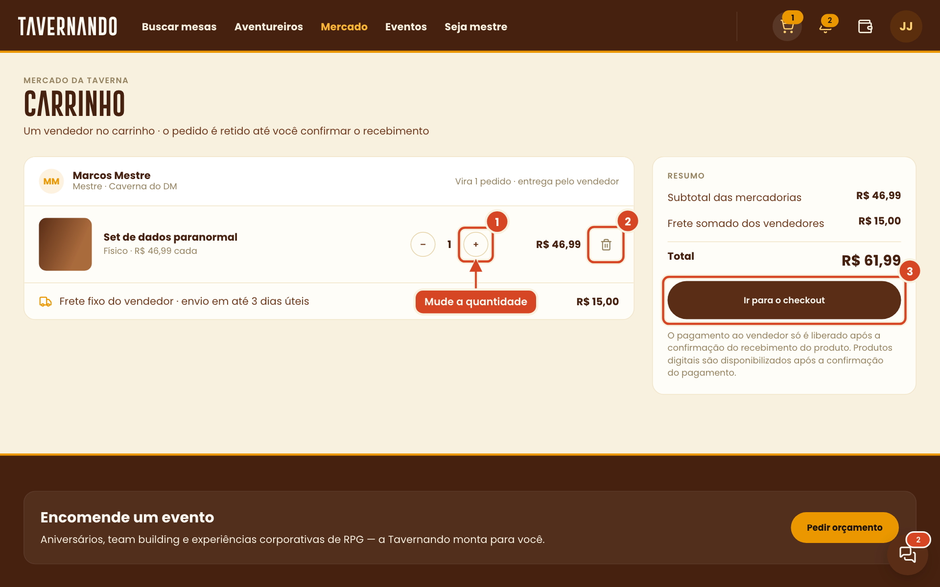 Carrinho com o controle de quantidade, o botão de remover e o botão Ir para o checkout destacados