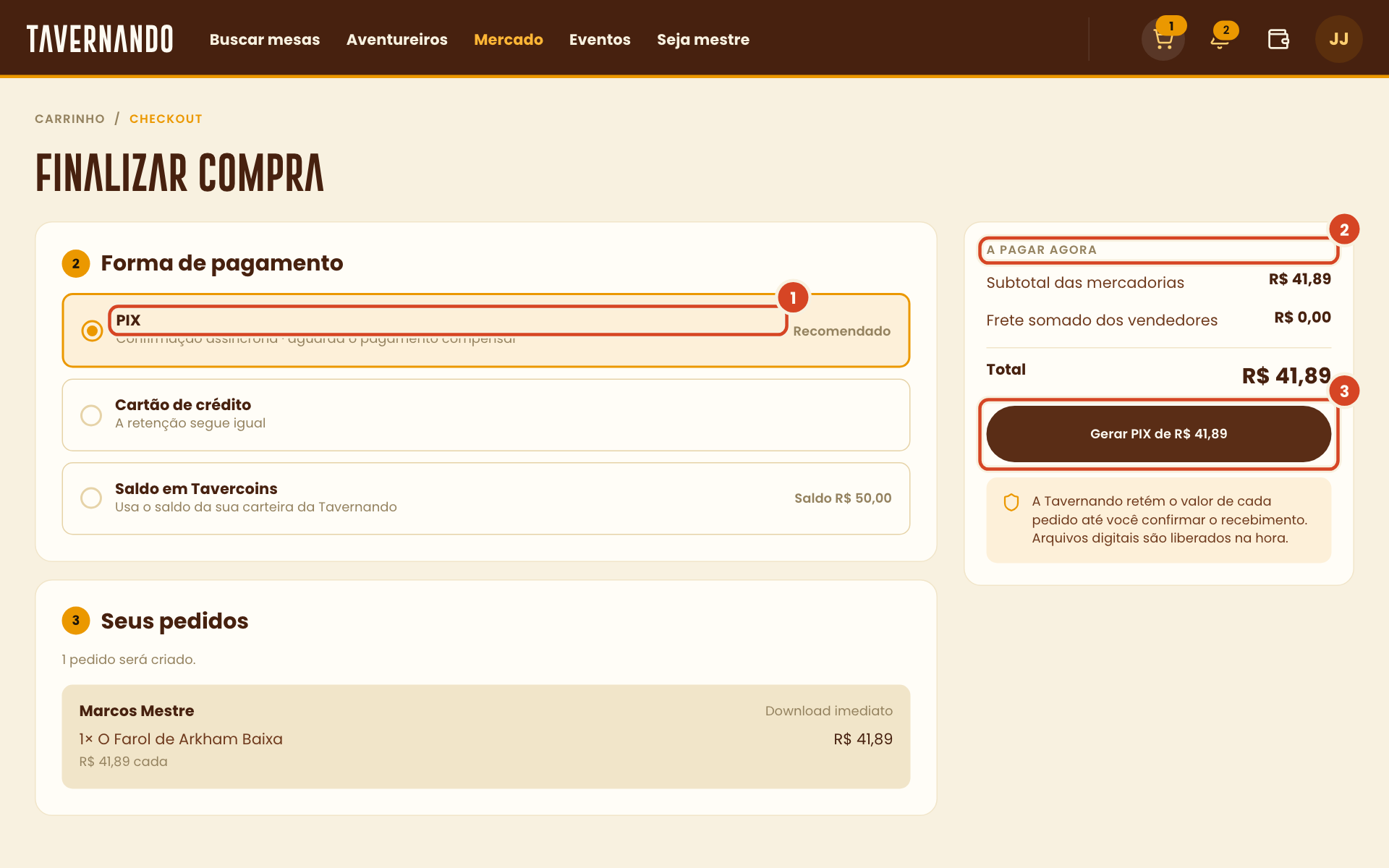 Checkout do mercado com a forma de pagamento PIX, o total a pagar e o botão Gerar PIX destacados