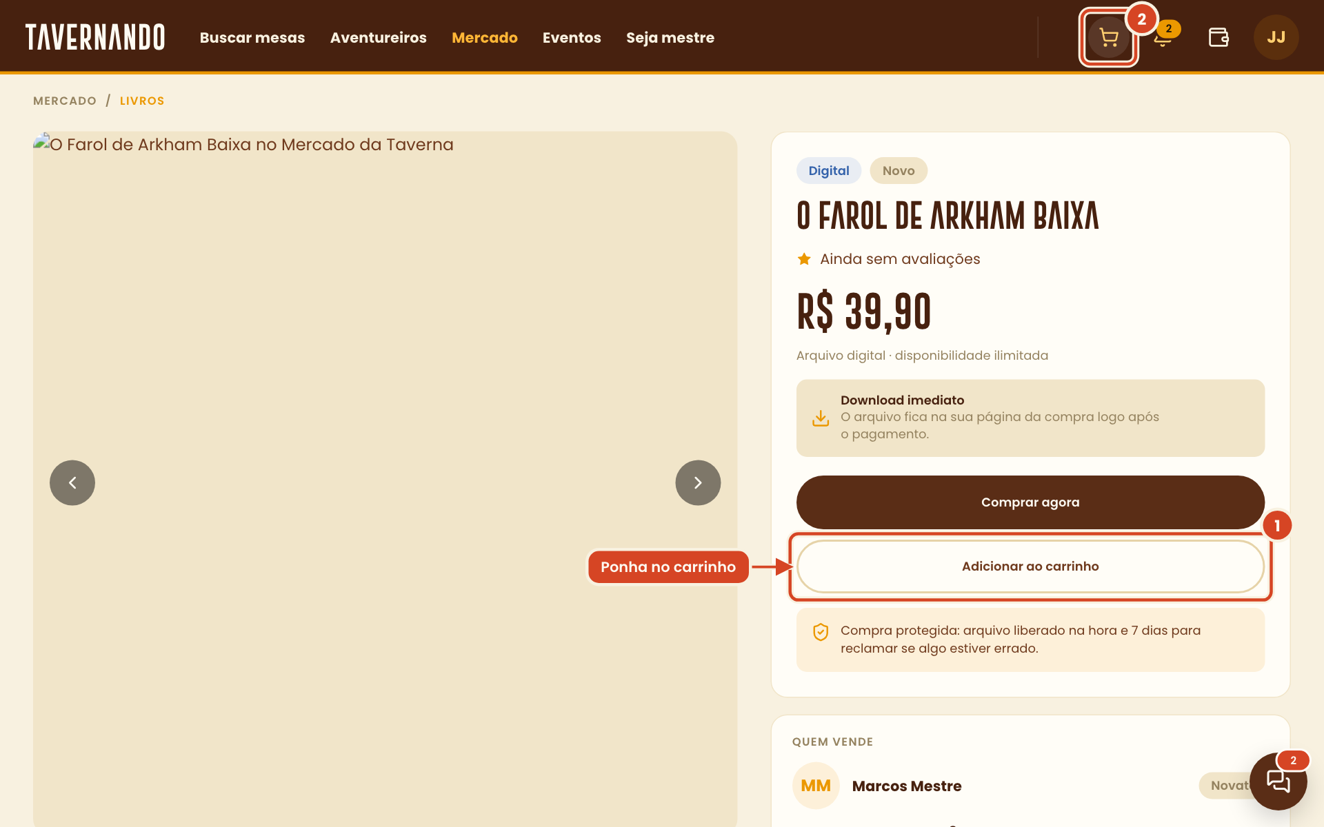 Anúncio do mercado com o botão Adicionar ao carrinho, e o ícone do carrinho destacados