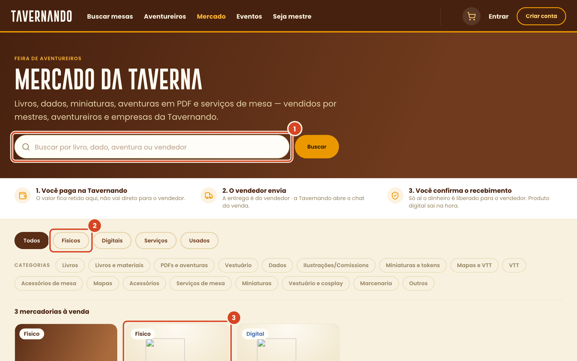 Tela do Mercado da taverna com o campo de busca, o filtro Físicos, e um anúncio destacados