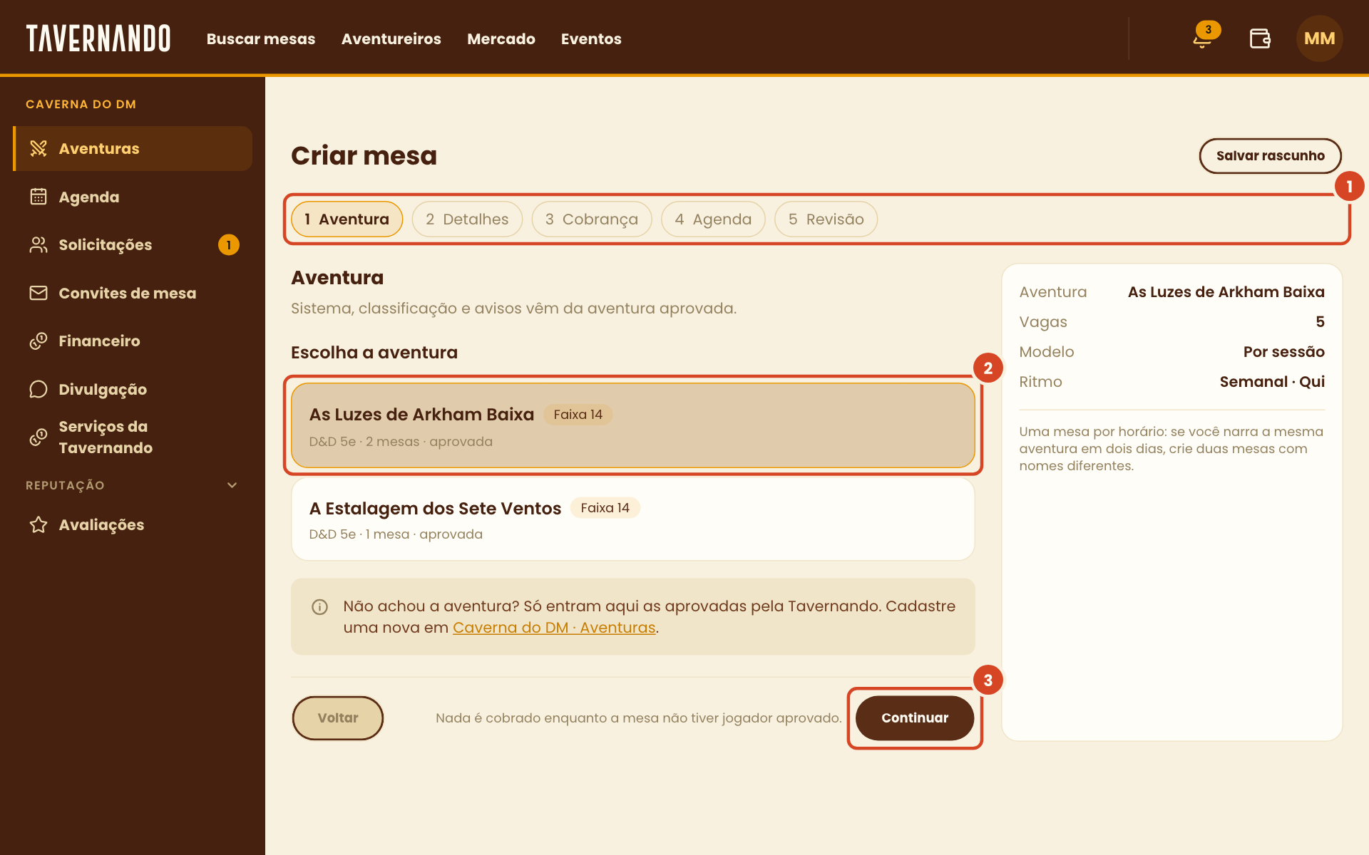 Passo Aventura com a aventura aprovada selecionada e o botão Continuar destacados