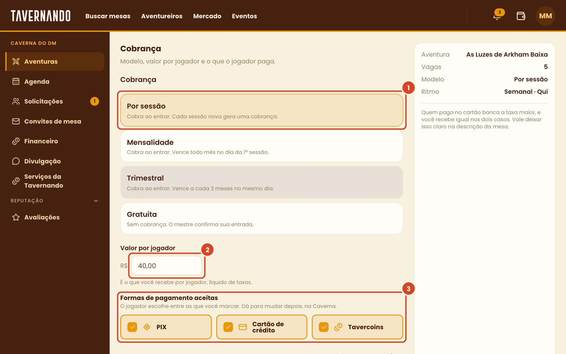 Passo Cobrança com o modelo, o valor por jogador e as formas de pagamento destacados