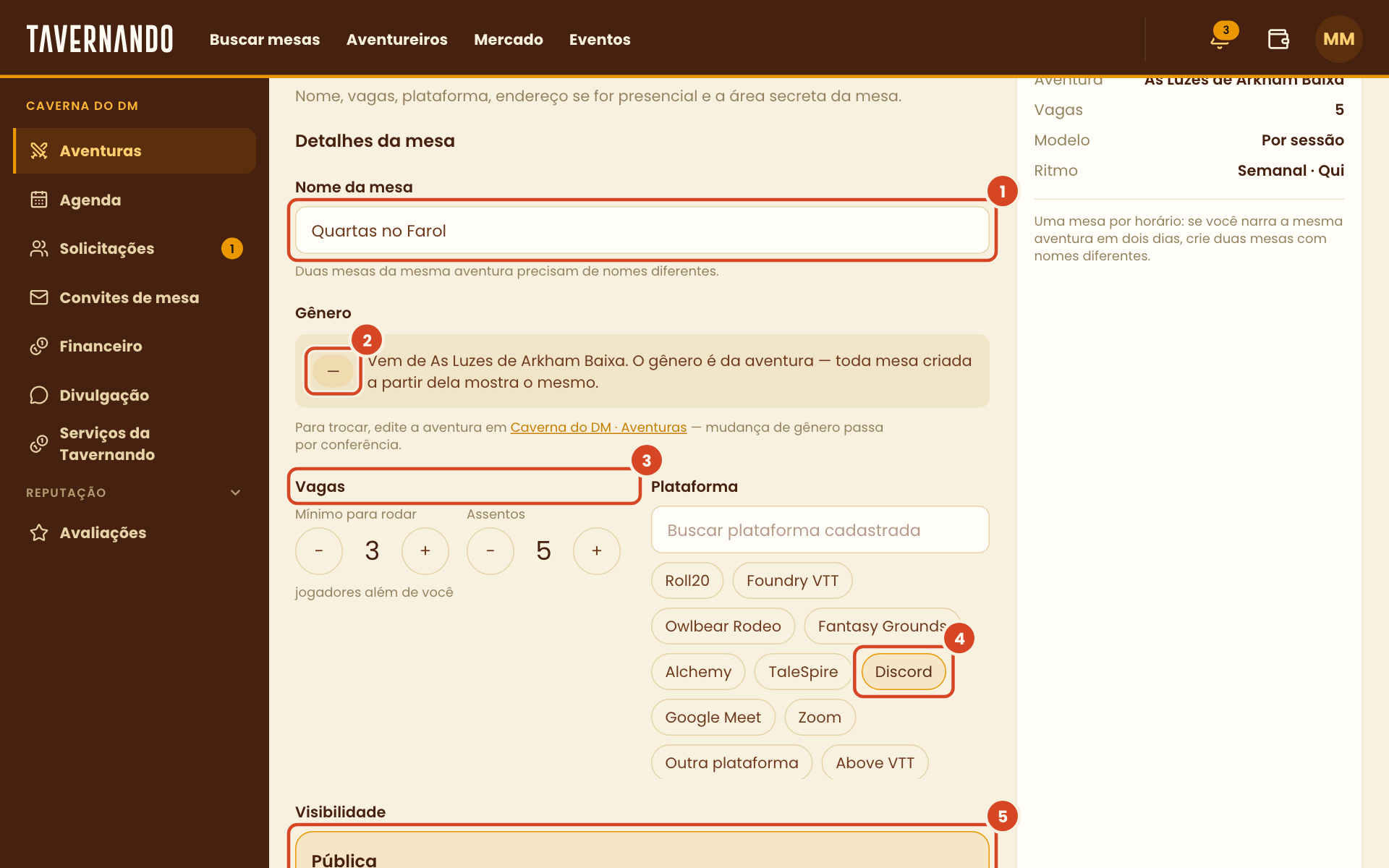 Passo Detalhes com o nome, o gênero, as vagas, a plataforma e a visibilidade destacados