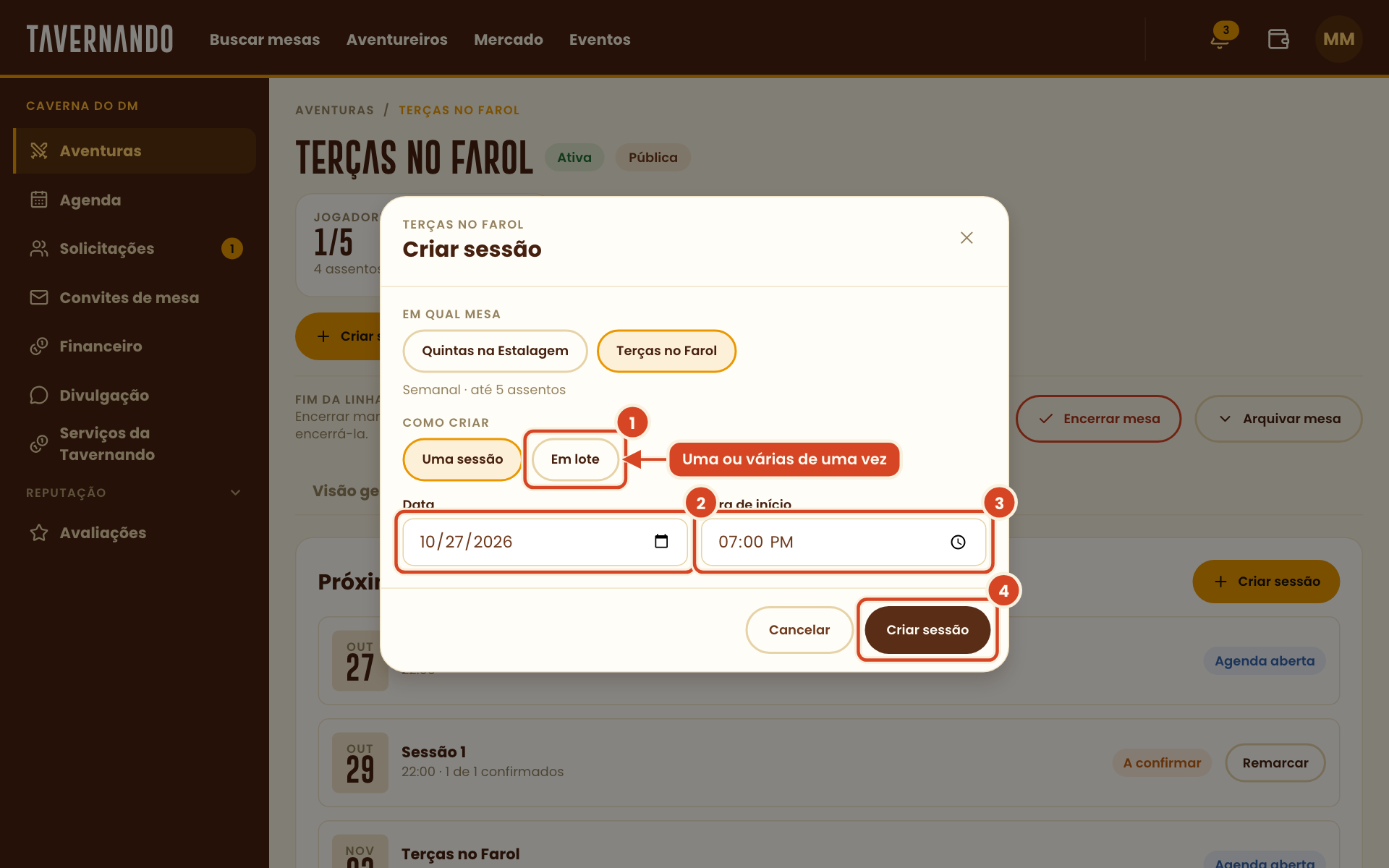 Janela Criar sessão com o modo em lote, a data, a hora e o botão Criar sessão destacados