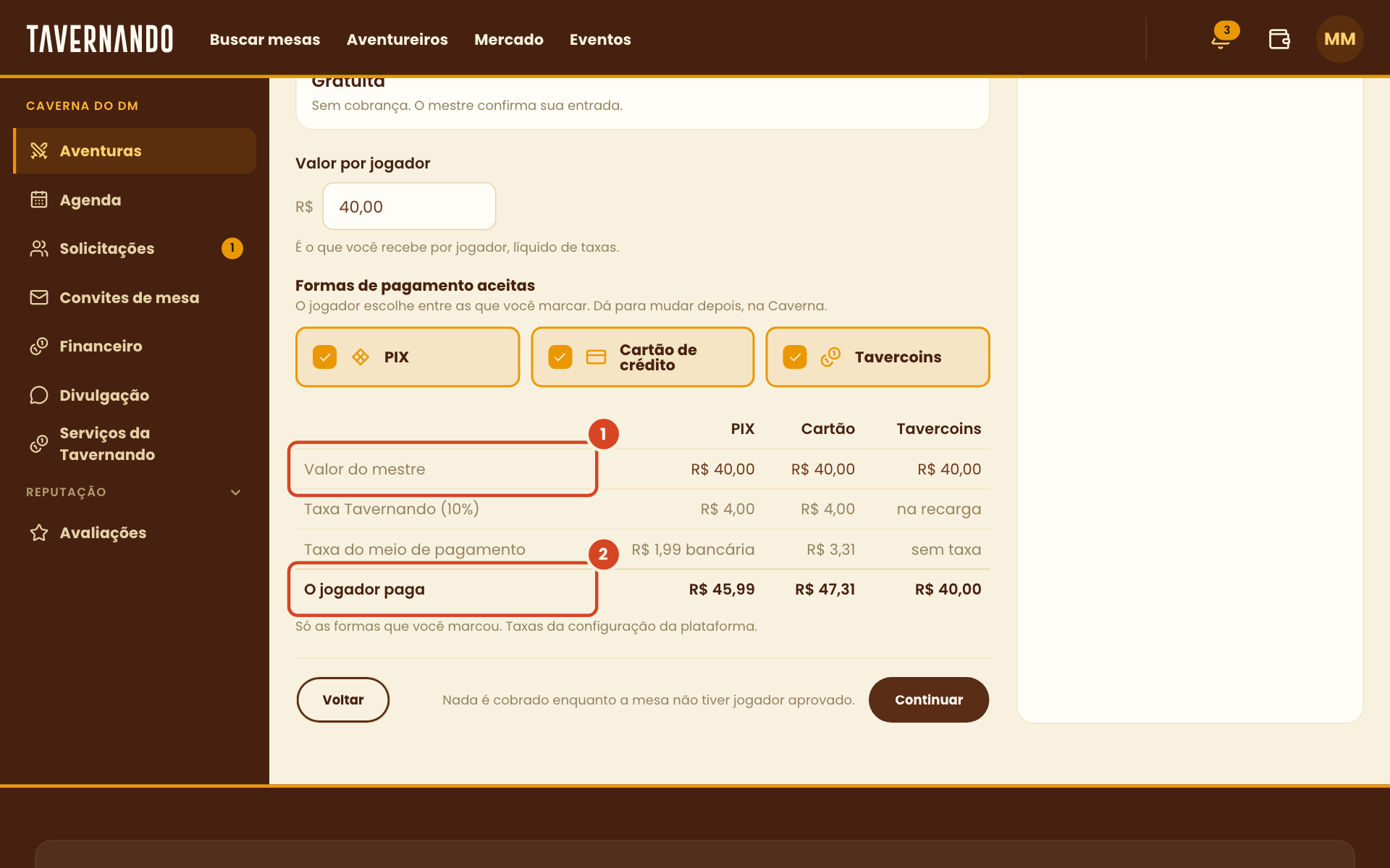 Tabela com o valor do mestre e o total que o jogador paga em cada forma de pagamento
