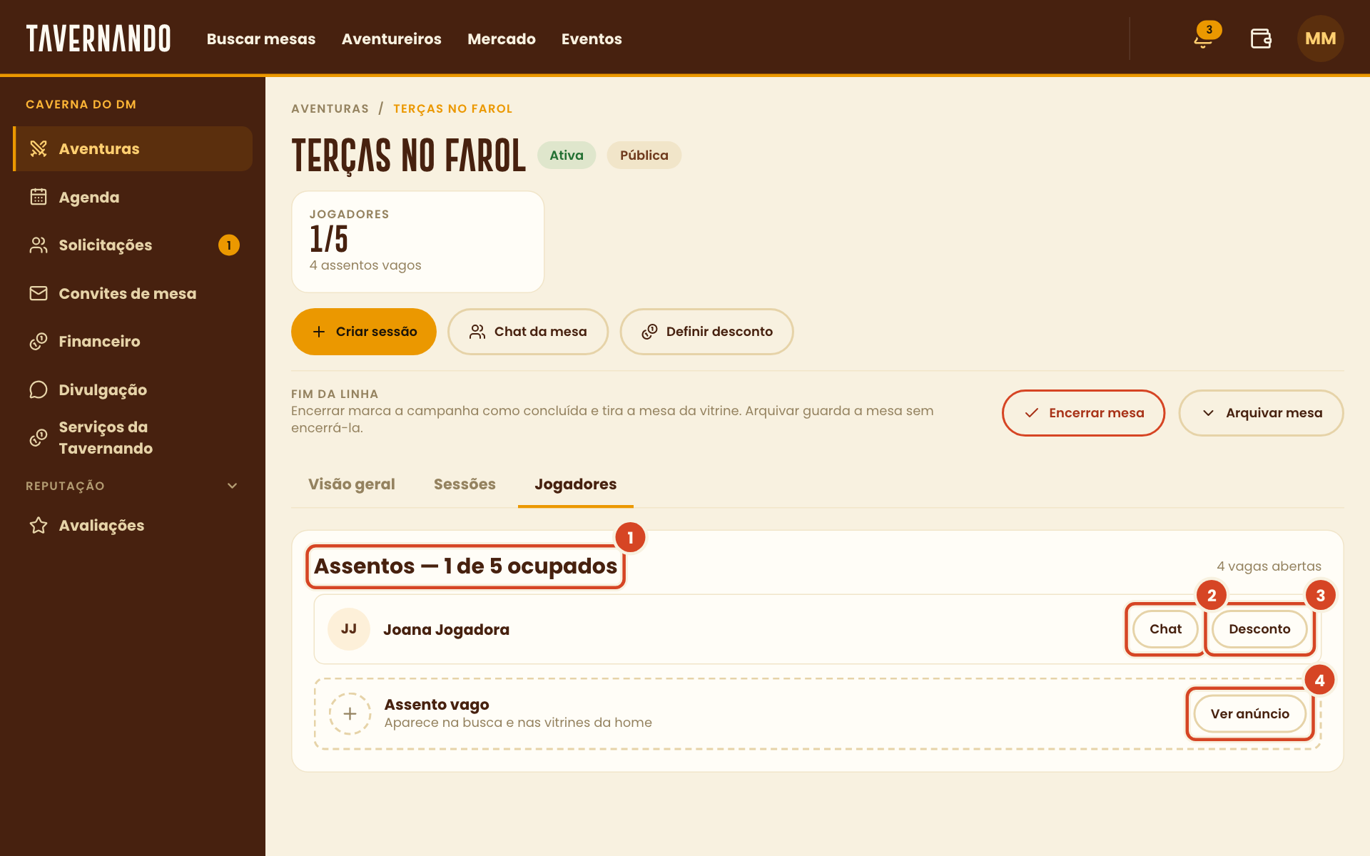 Aba Jogadores com os assentos ocupados, os botões Chat e Desconto e Ver anúncio destacados