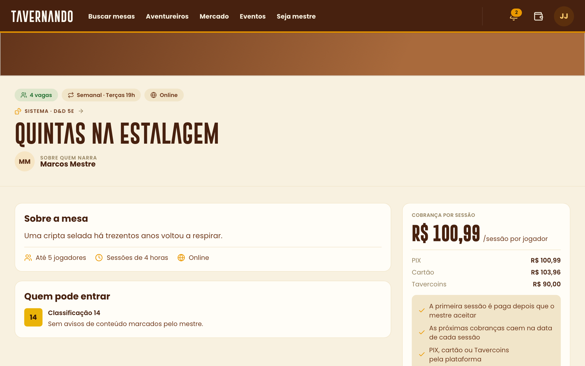 Página da mesa com o quadro A cadeira é sua, o aviso de pagamento, o botão Pagar a primeira sessão e o Sair da mesa destacados
