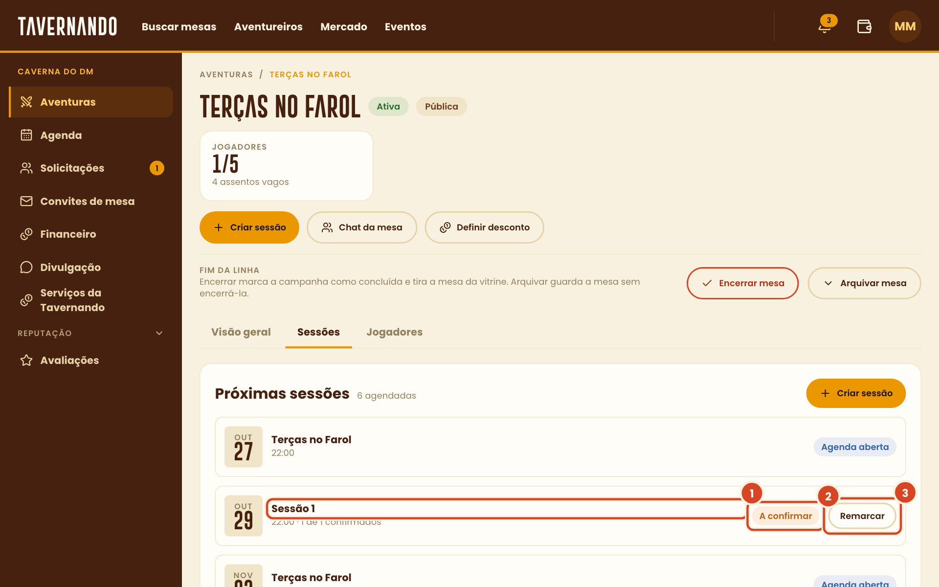 Próximas sessões com a sessão criada, o status A confirmar e o botão Remarcar destacados