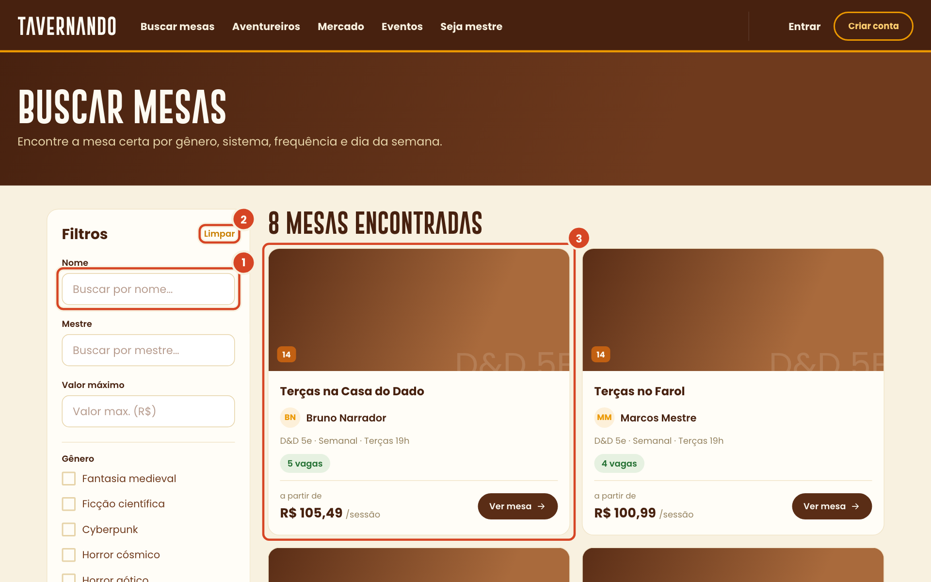 Tela Buscar mesas com o campo de nome, o botão Limpar e o primeiro cartão de mesa destacados