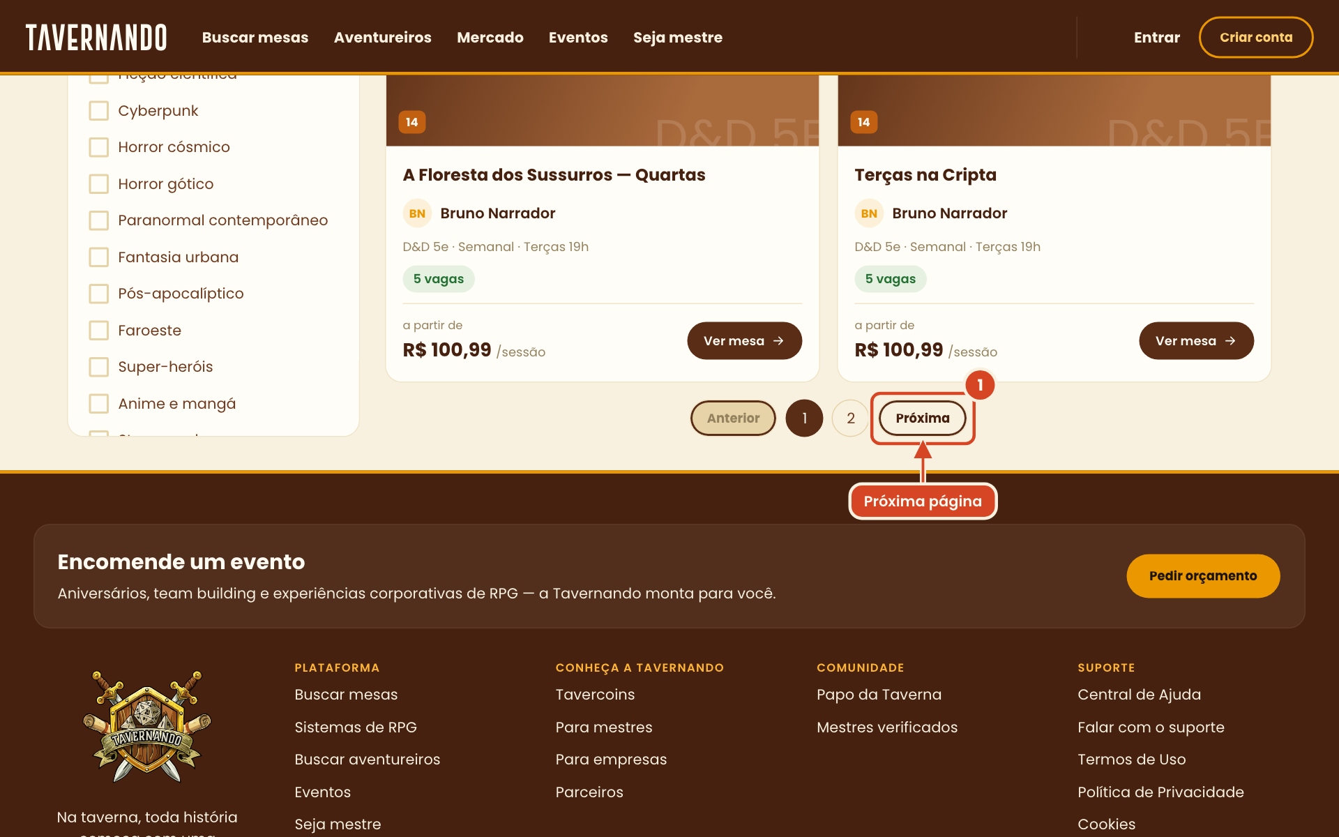 Final da lista de mesas com a paginação e o botão Próxima destacado