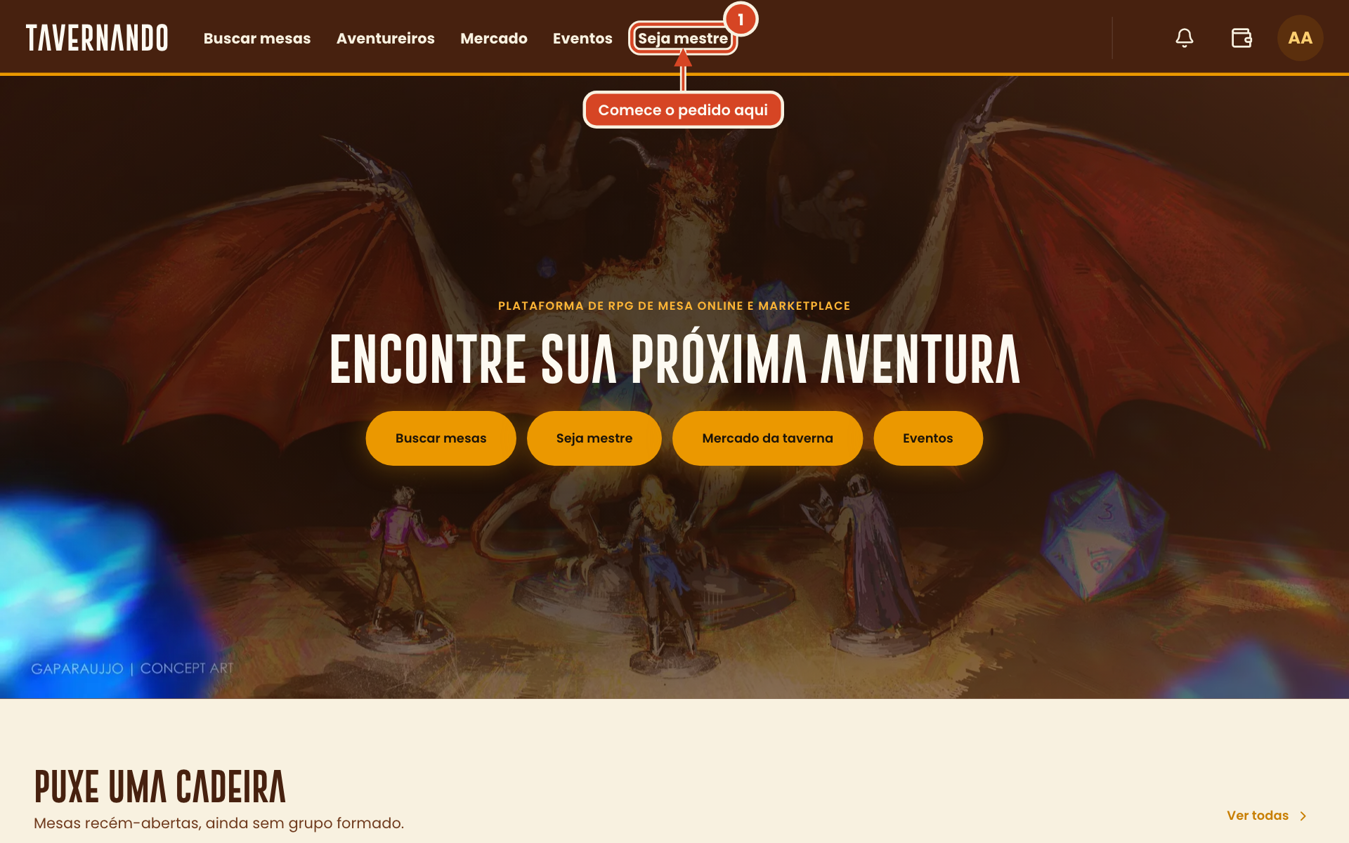 Página inicial com o botão Seja mestre destacado