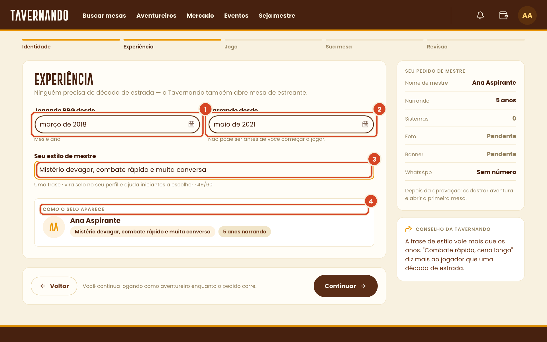 Passo Experiência com as datas de início, o estilo de mestre e a prévia do selo destacados