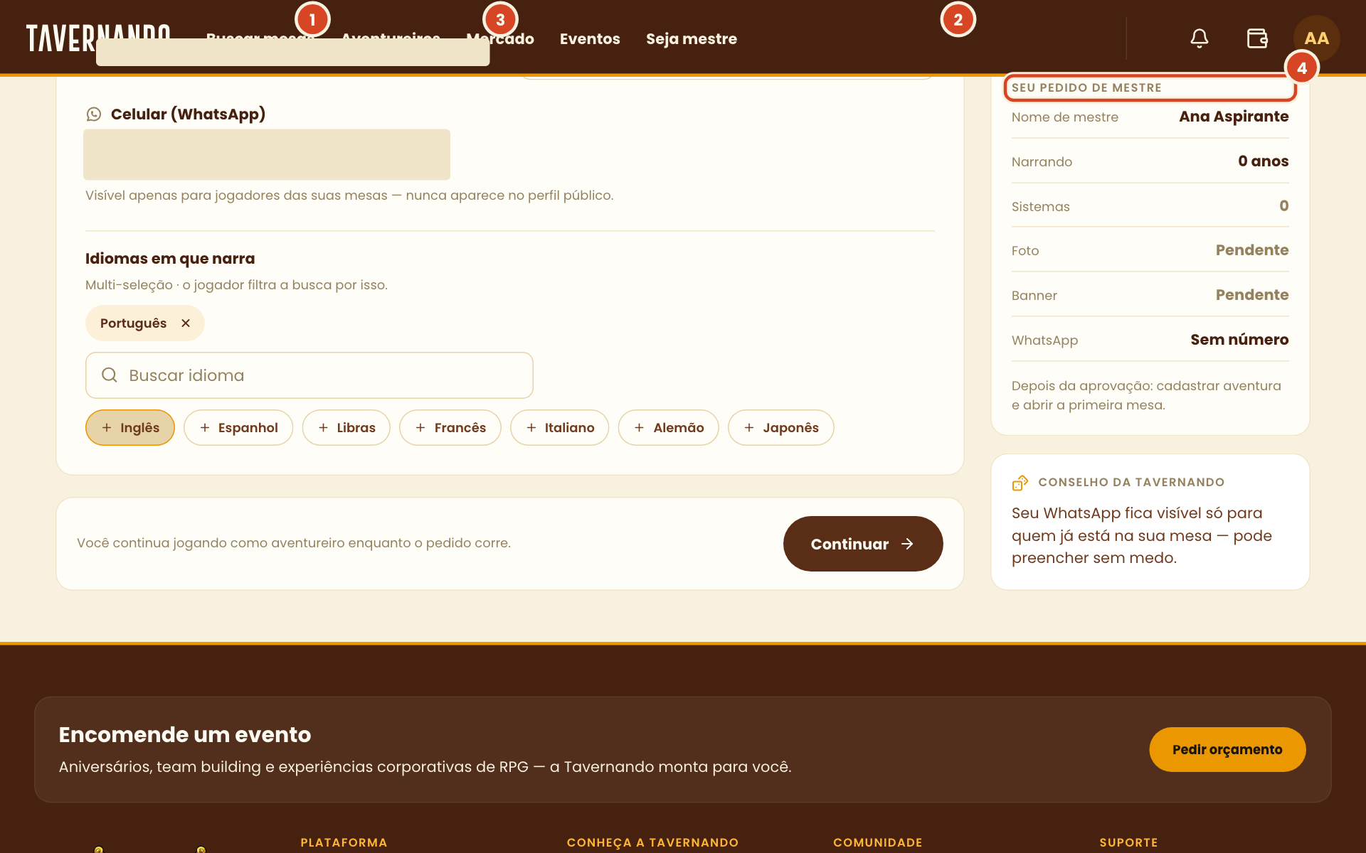 Passo Identidade do pedido de mestre com a trilha de passos, o aviso, o nome de mestre e o resumo do pedido destacados