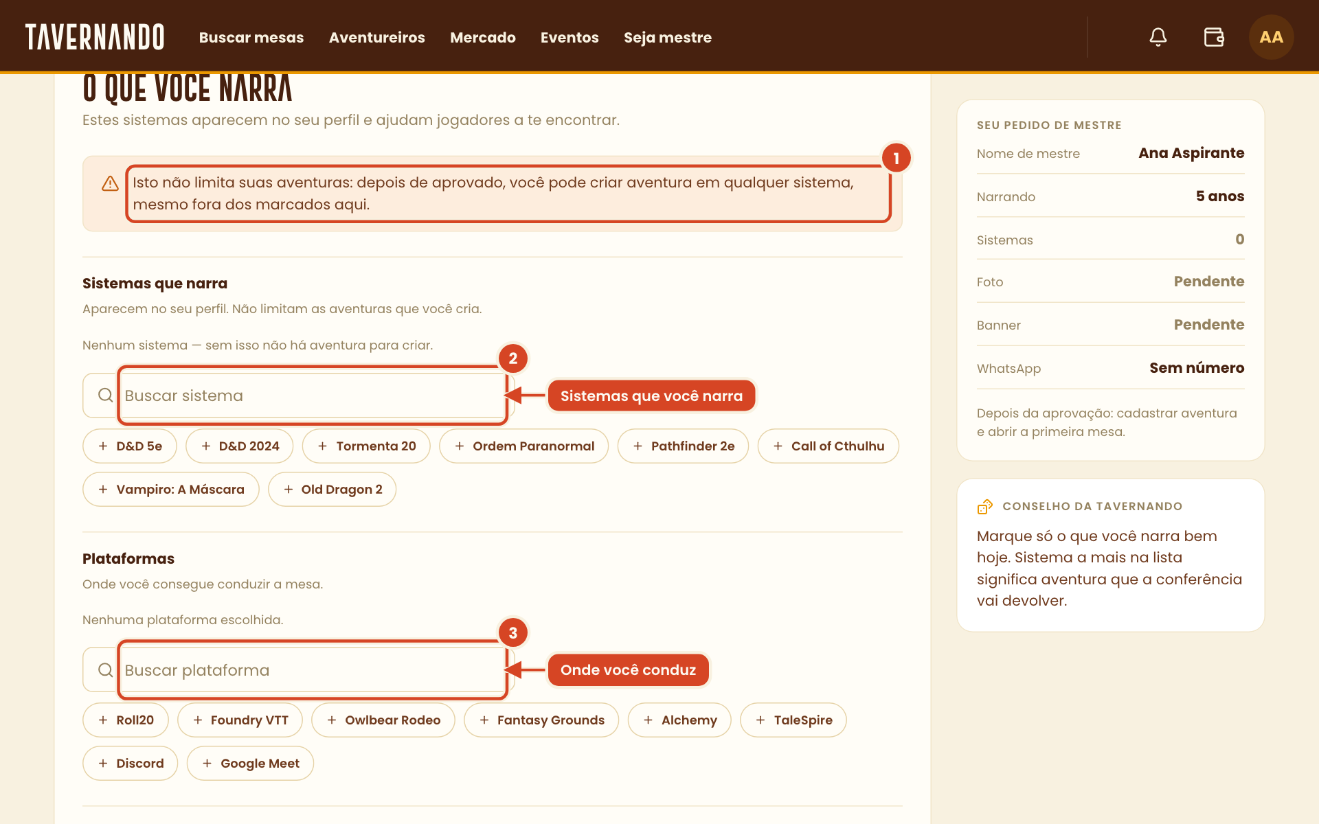 Passo O que você narra com o aviso sobre sistemas e as buscas de sistema e de plataforma destacados