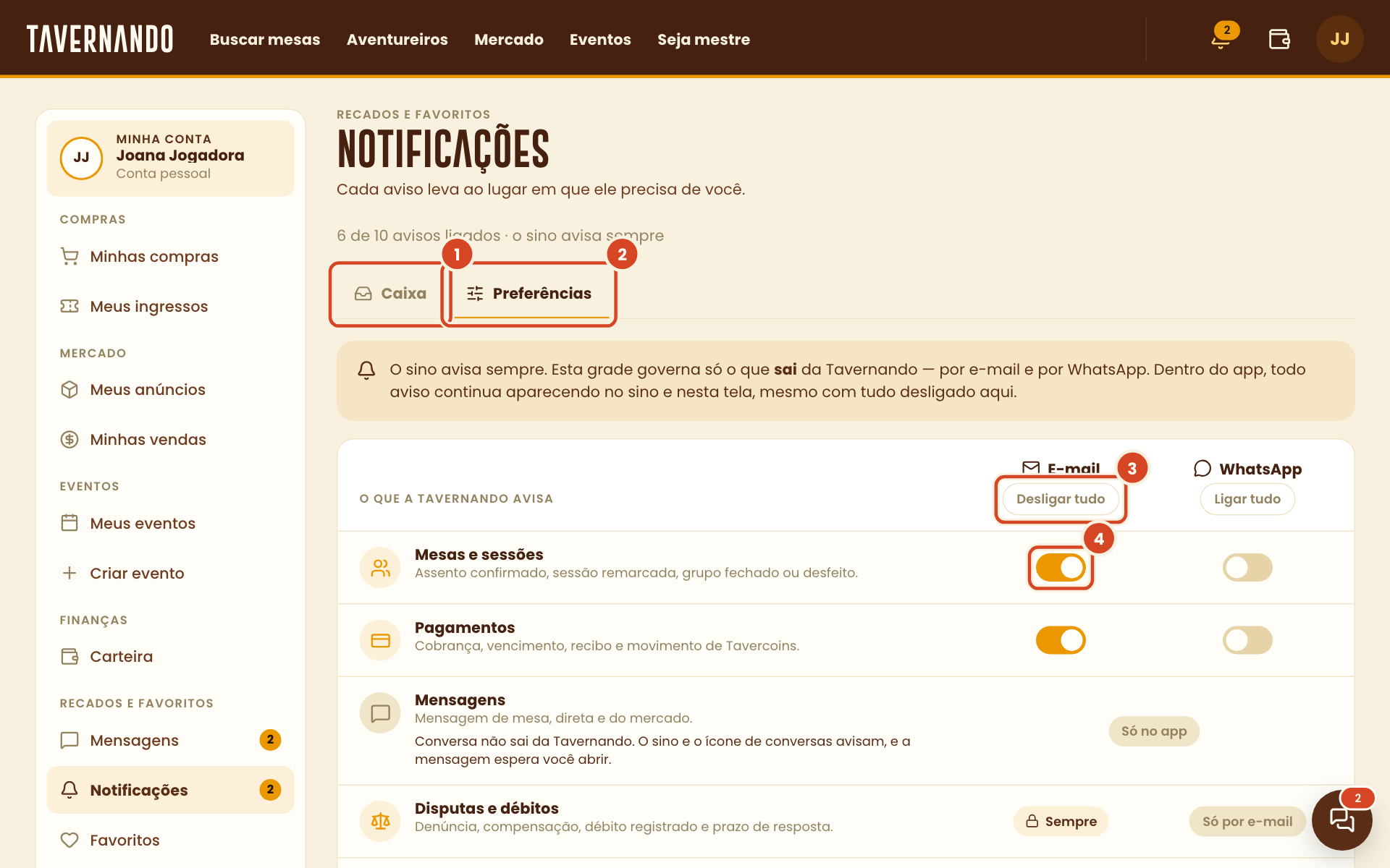 Aba Preferências das notificações com as abas, o botão Desligar tudo e uma chave de e-mail destacados