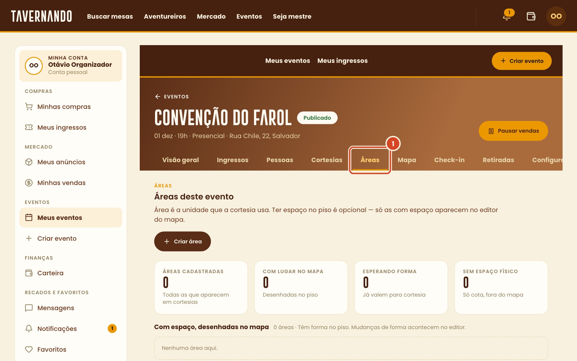 Aba Áreas do painel do evento