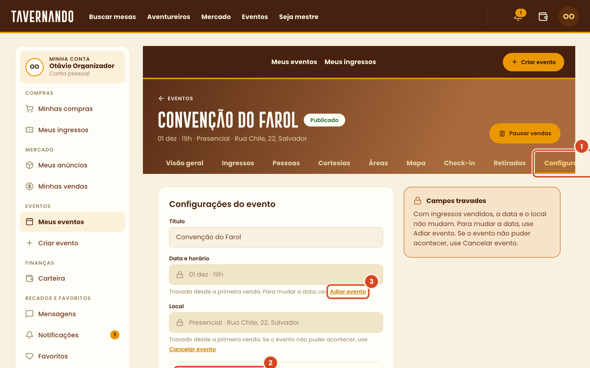 Aba Configurações com a aba, o limite por pessoa e o botão Adiar evento destacados