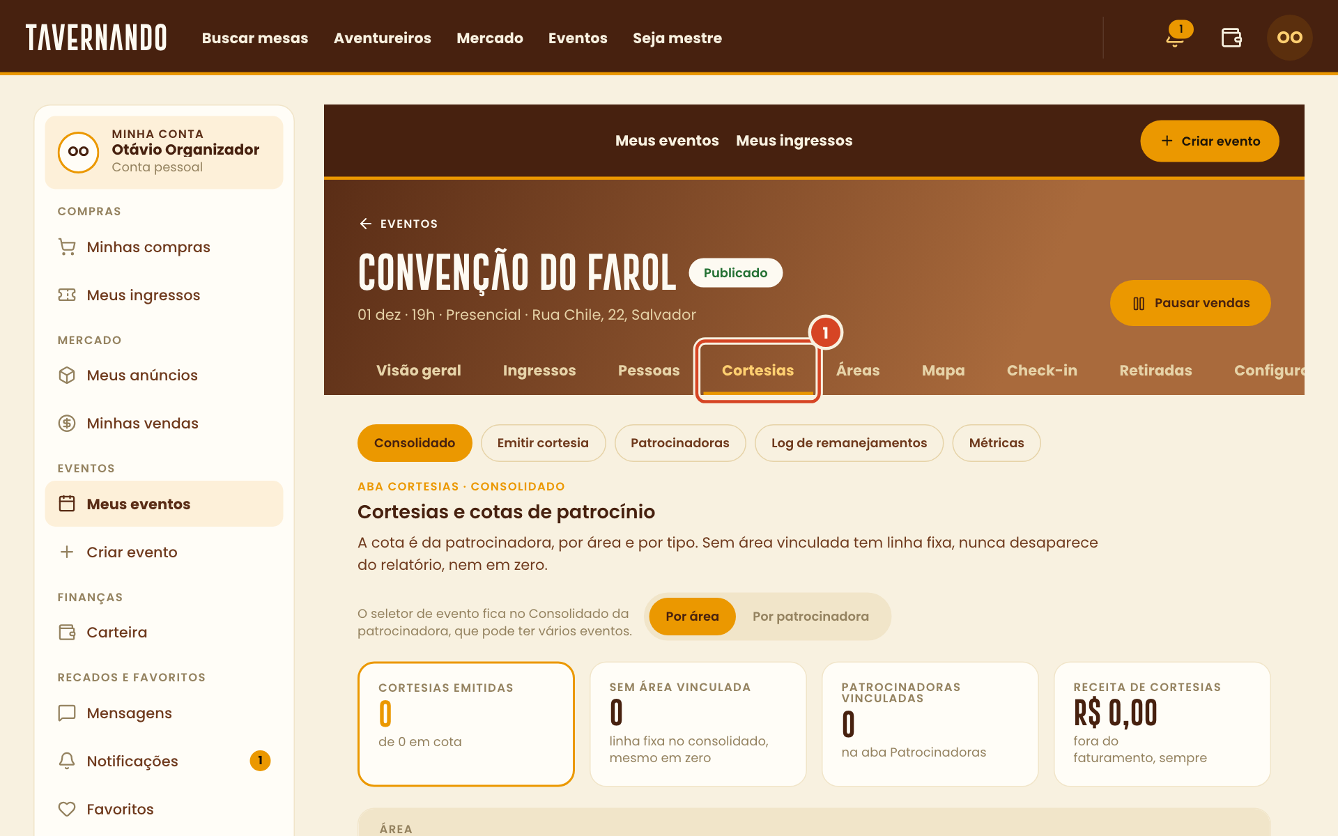 Aba Cortesias do painel do evento
