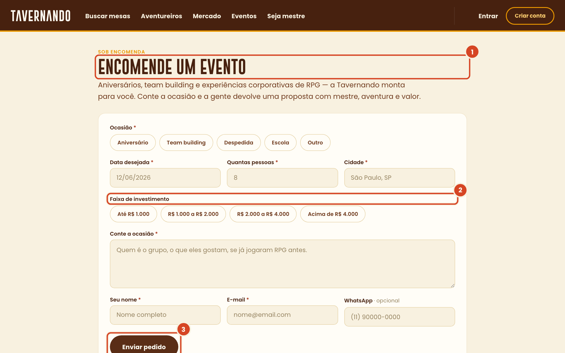 Formulário Encomende um evento com o título, a faixa de investimento e o botão Enviar pedido destacados