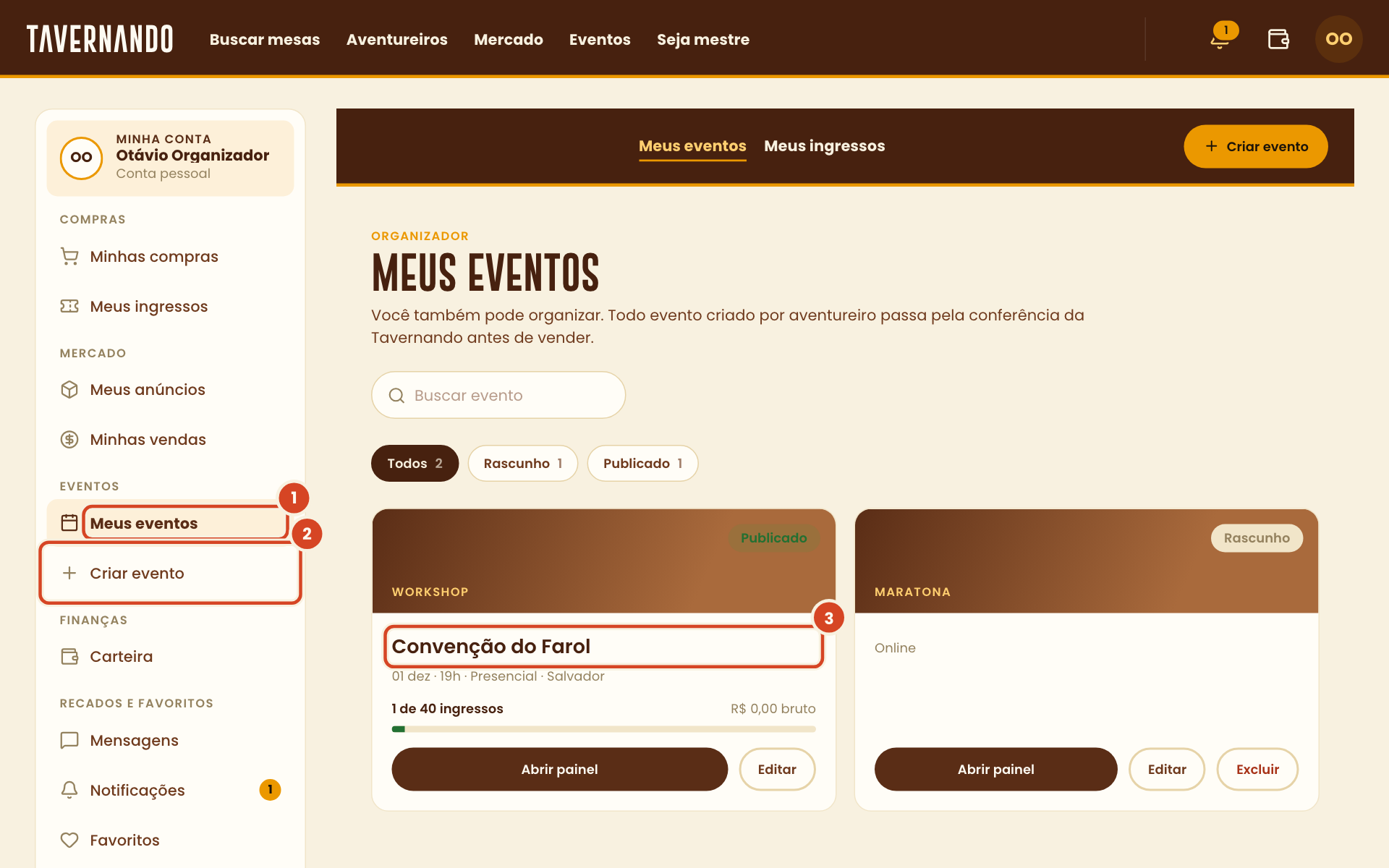 Meus eventos com o título, o botão Criar evento e um evento publicado destacados