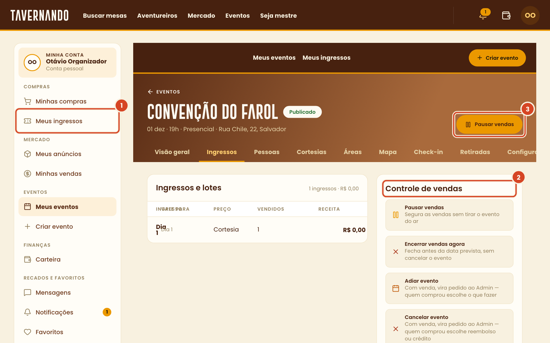 Aba Ingressos com a aba, o Controle de vendas e o botão Pausar vendas destacados