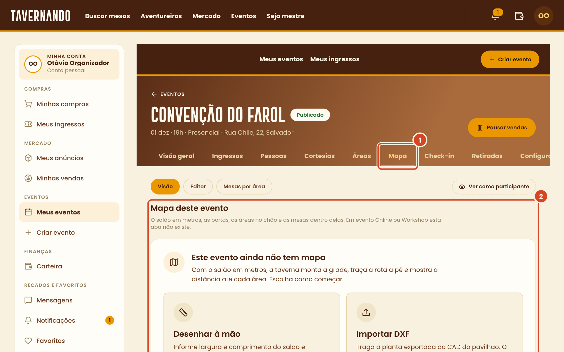 Aba Mapa do evento com a aba e o estado do mapa destacados