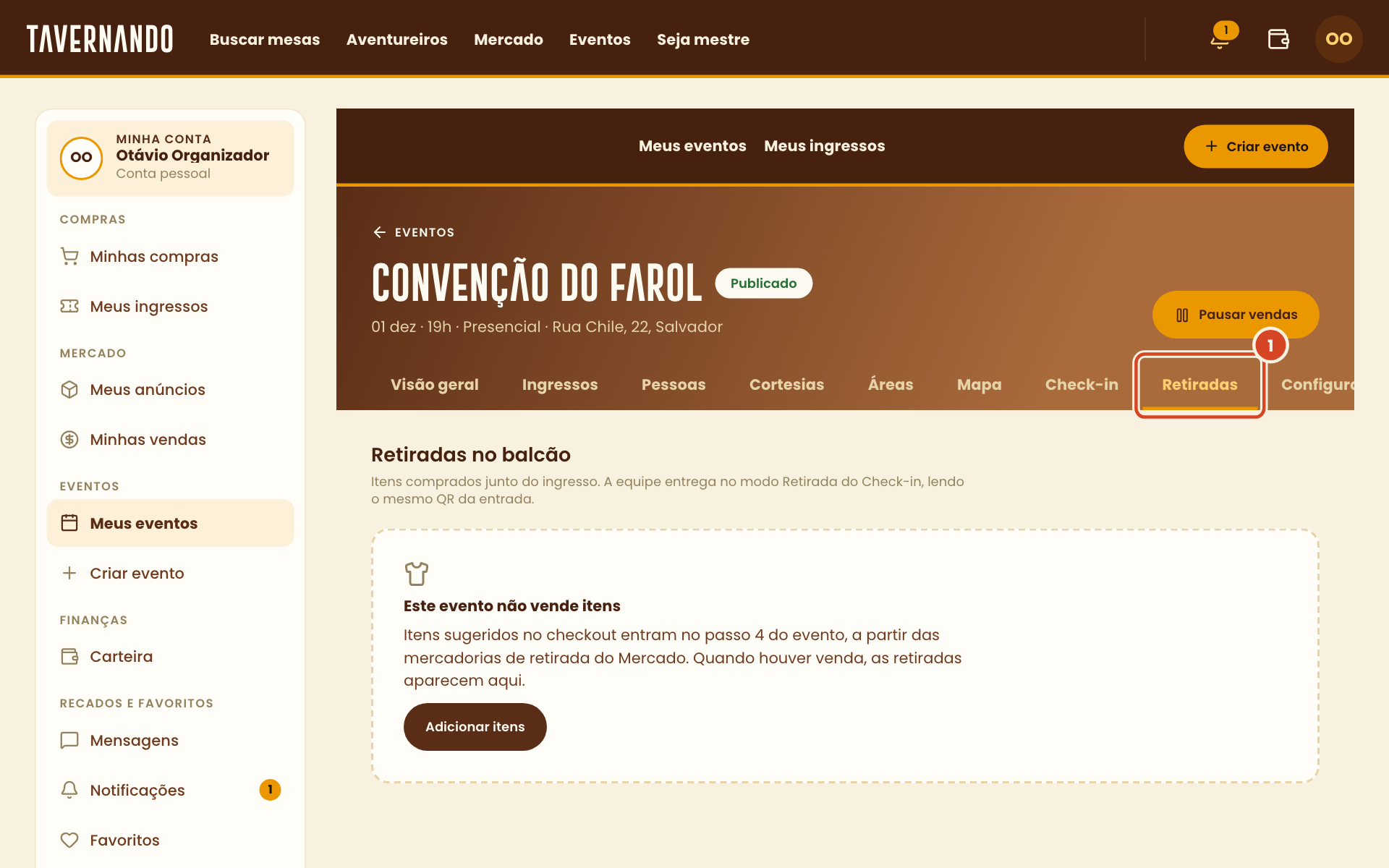 Aba Retiradas do evento, com os nomes cobertos