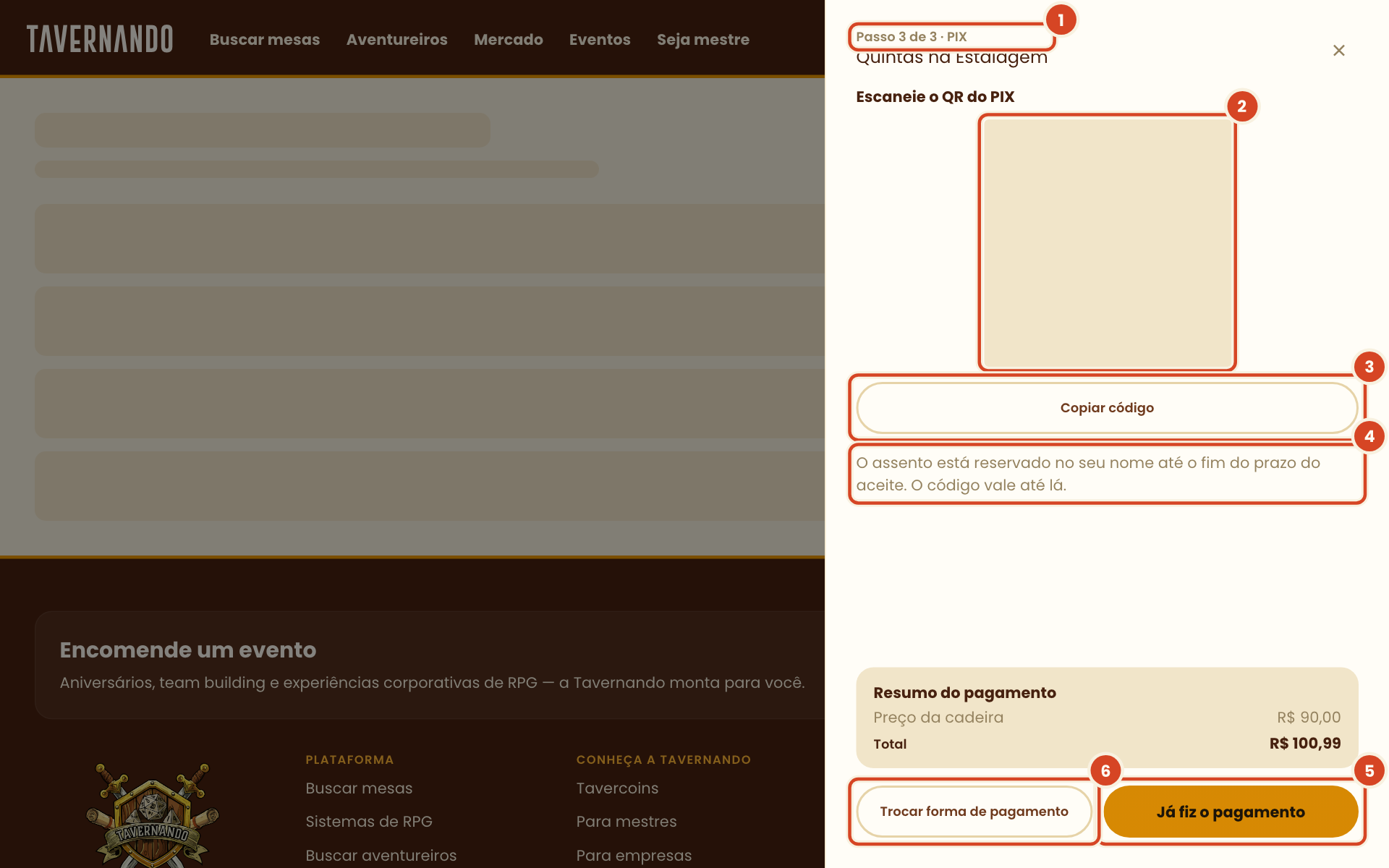 Passo do PIX com o QR, Copiar código, o aviso de prazo, Já fiz o pagamento e Trocar forma de pagamento destacados