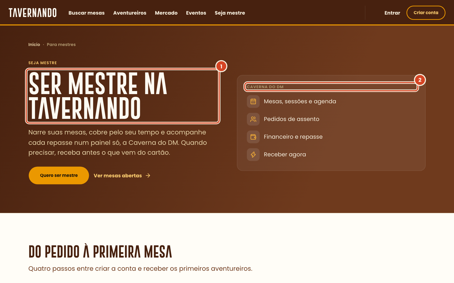 Página pública Ser mestre na Tavernando, com o título e o cartão Caverna do DM destacados