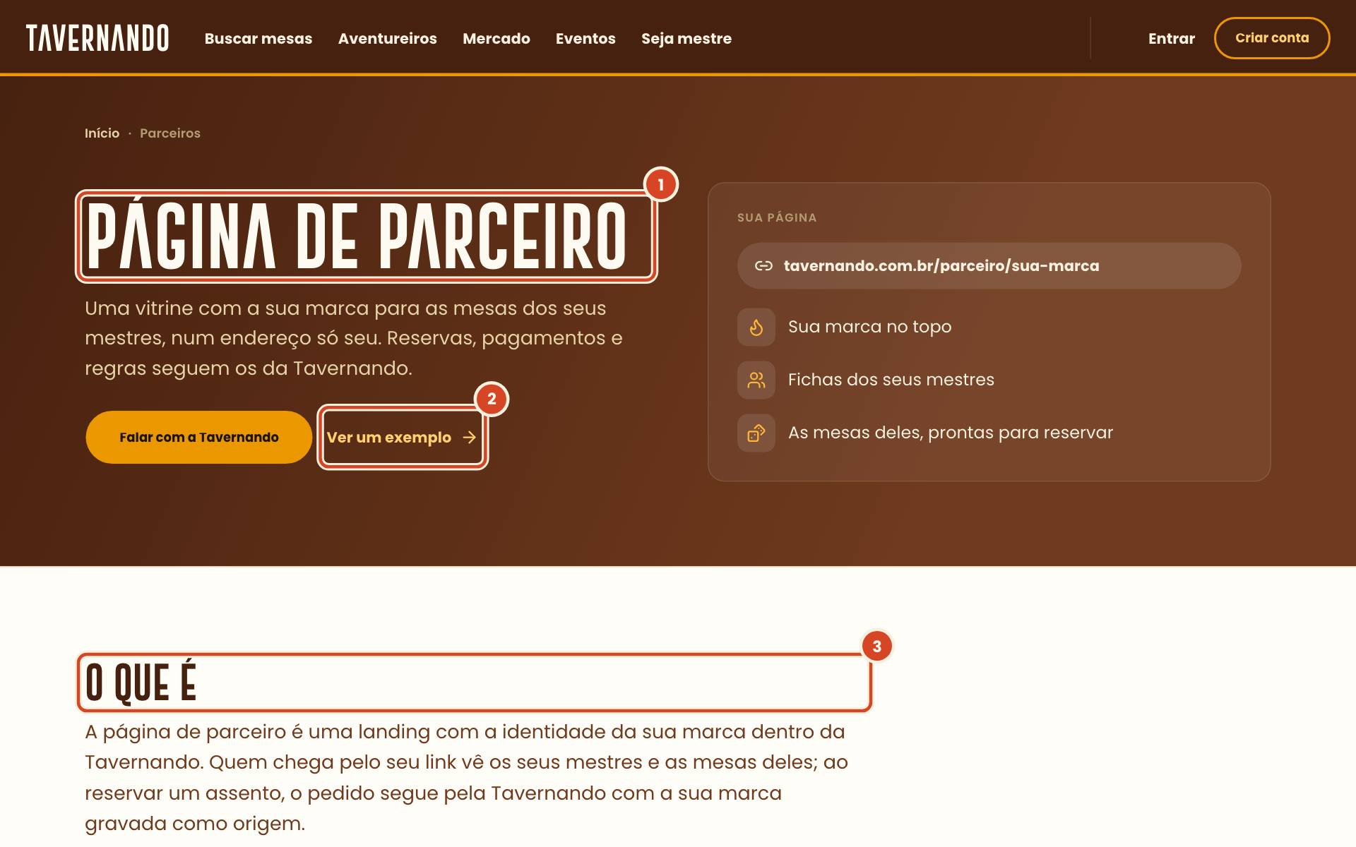 Página Parceiros com o título Página de parceiro, o link Ver um exemplo e as seções O que é, Como pedir e Perguntas frequentes destacados
