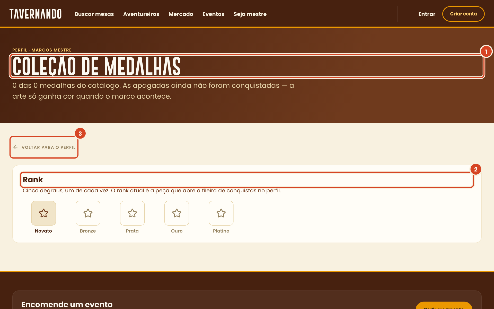 Página Coleção de medalhas de um perfil, com o título, o Rank e o link Voltar para o perfil destacados