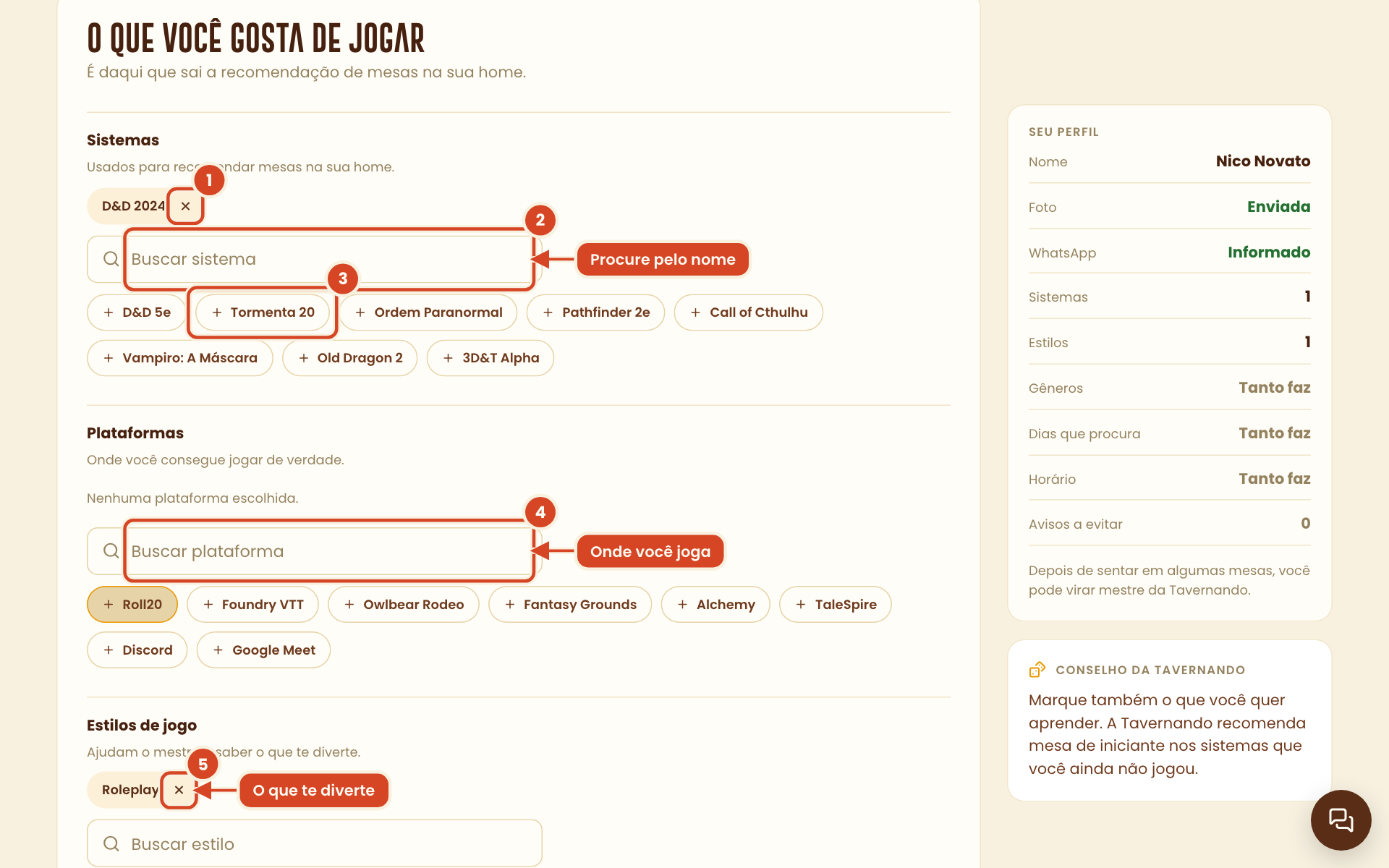 Passo Preferências com sistemas, plataformas e estilos de jogo destacados
