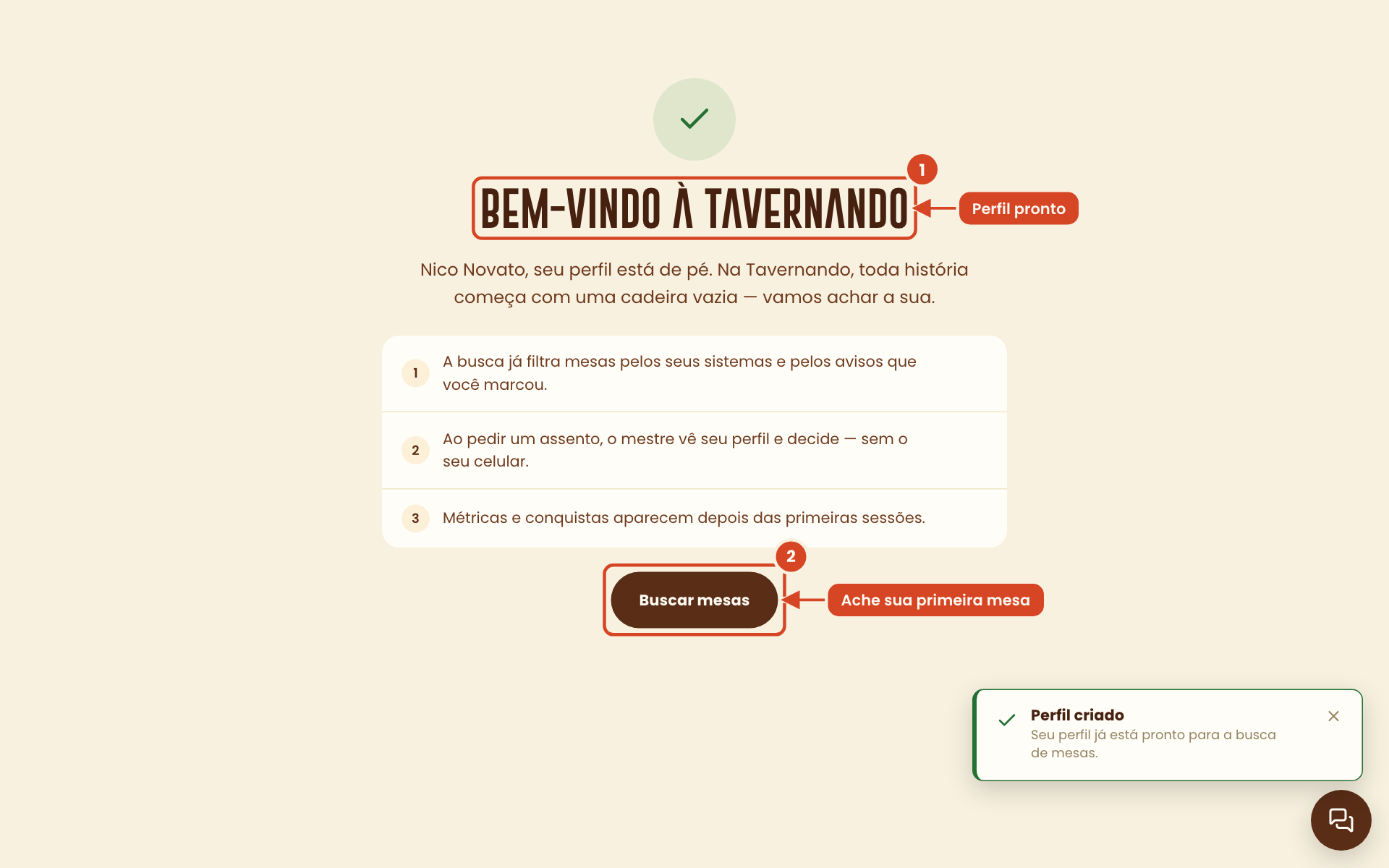 Tela Bem-vindo à Tavernando com o botão Buscar mesas destacado