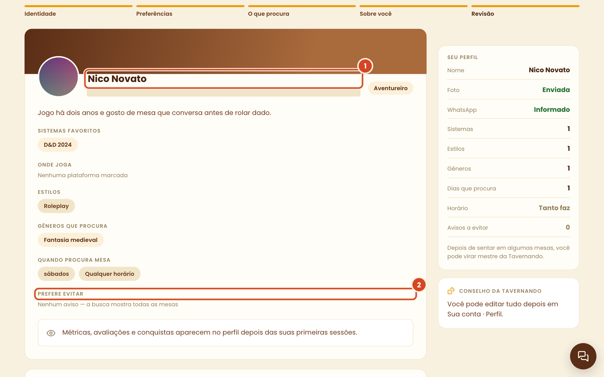 Passo Revisão com a prévia do perfil e os blocos de preferências destacados