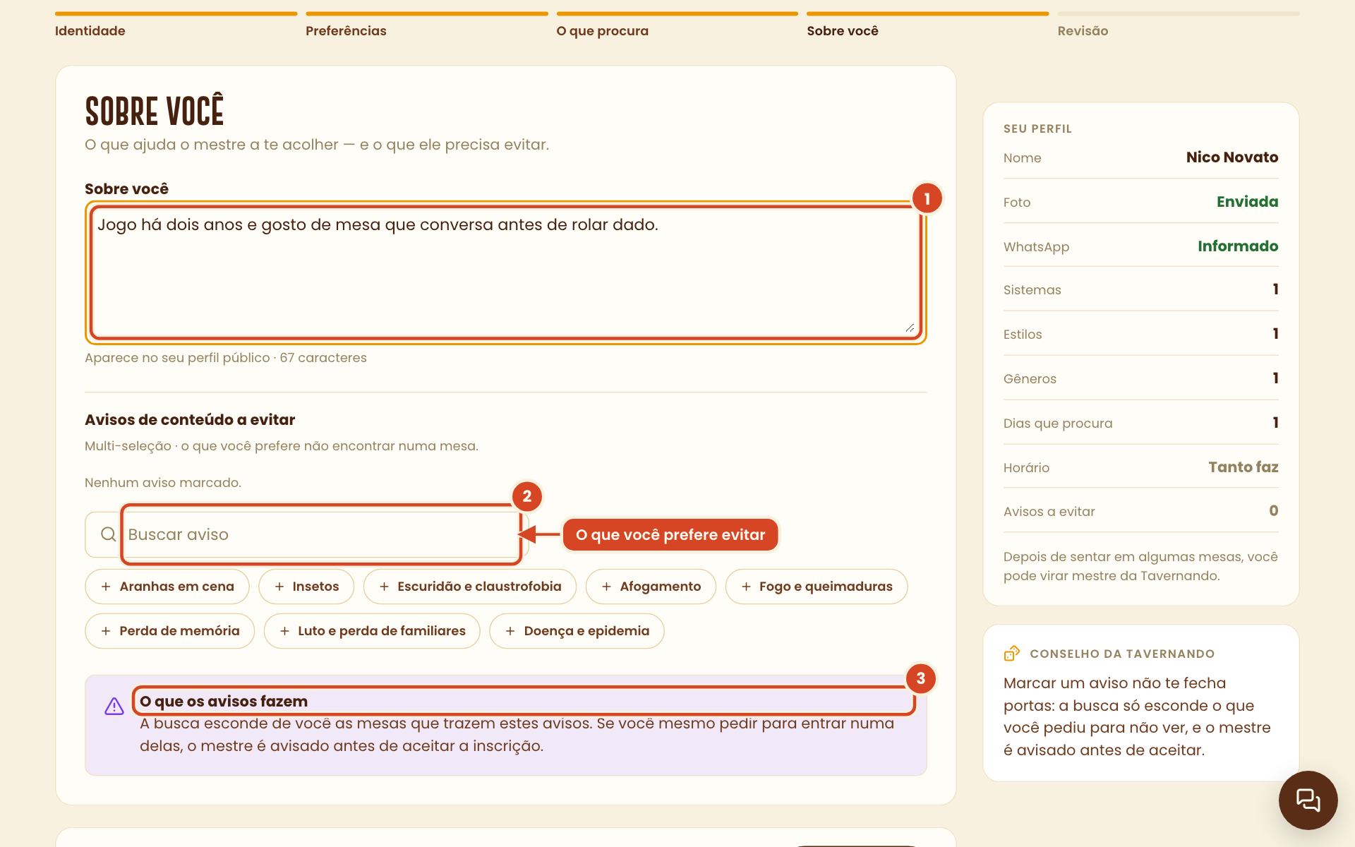 Passo Sobre você com o campo de apresentação, a busca de avisos de conteúdo e a explicação dos avisos destacados