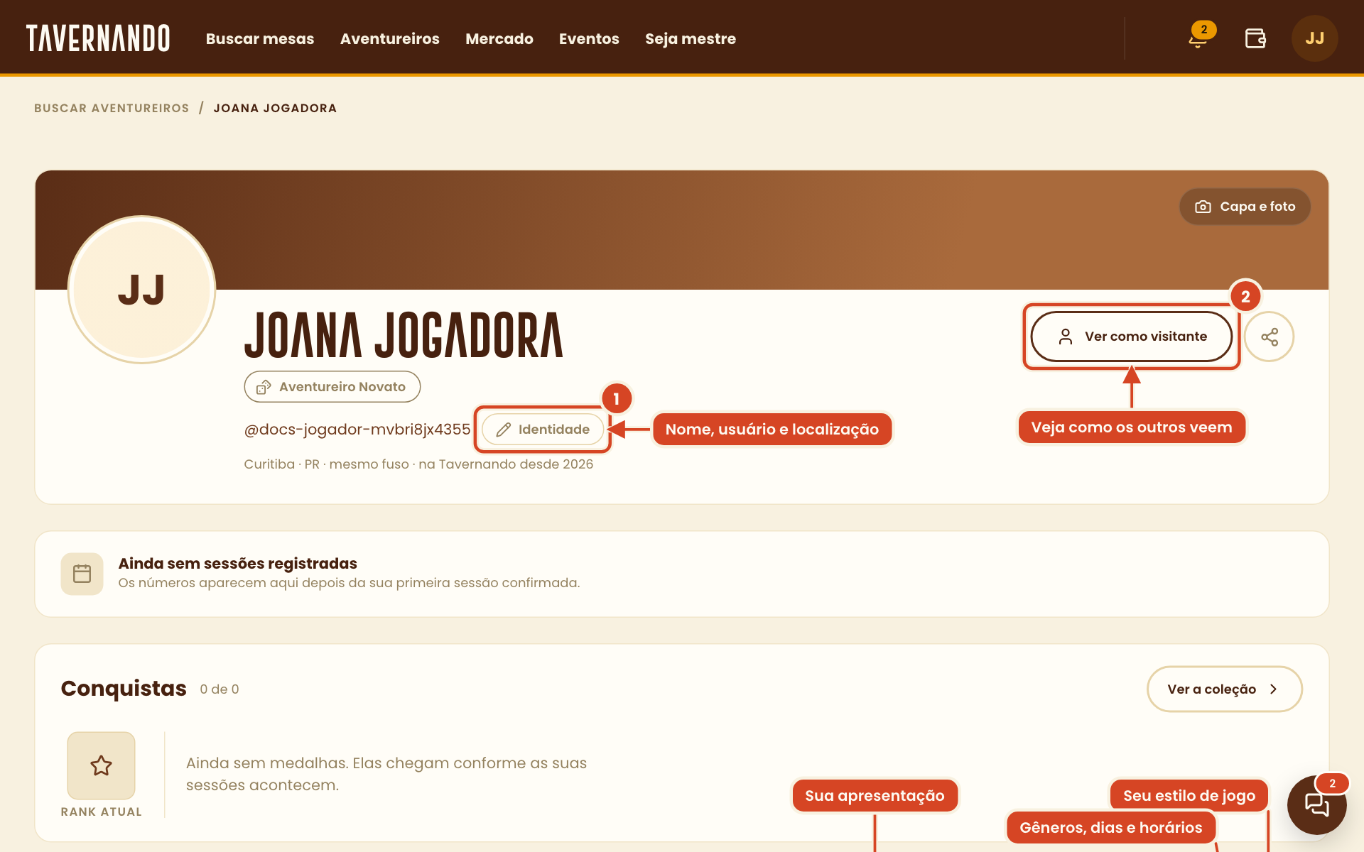 Perfil de aventureiro com os lápis de edição e o botão Ver como visitante destacados