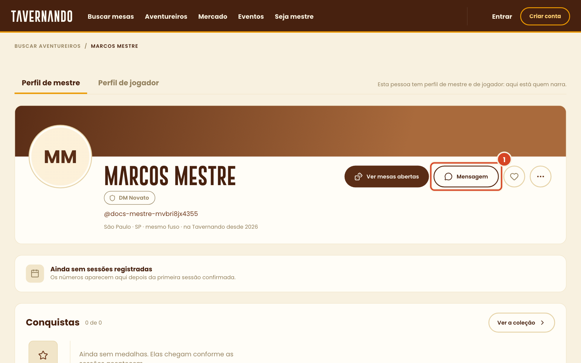 Perfil público de um mestre, visto por quem não entrou, com o botão Mensagem destacado