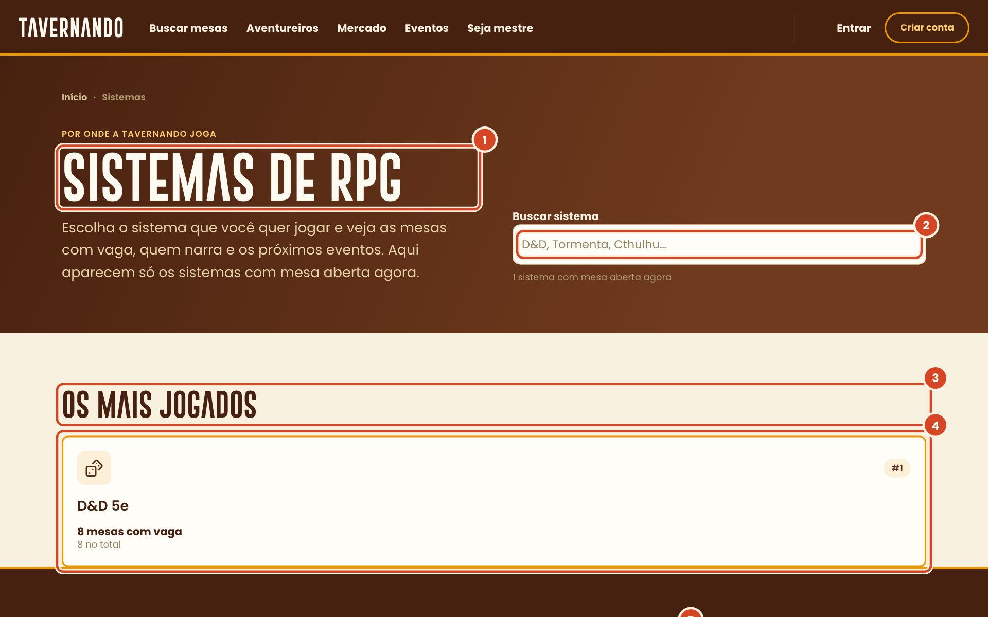 Página Sistemas de RPG com o título, o campo Buscar sistema, o bloco Os mais jogados, o cartão de um sistema e a chamada Não achou o seu sistema destacados