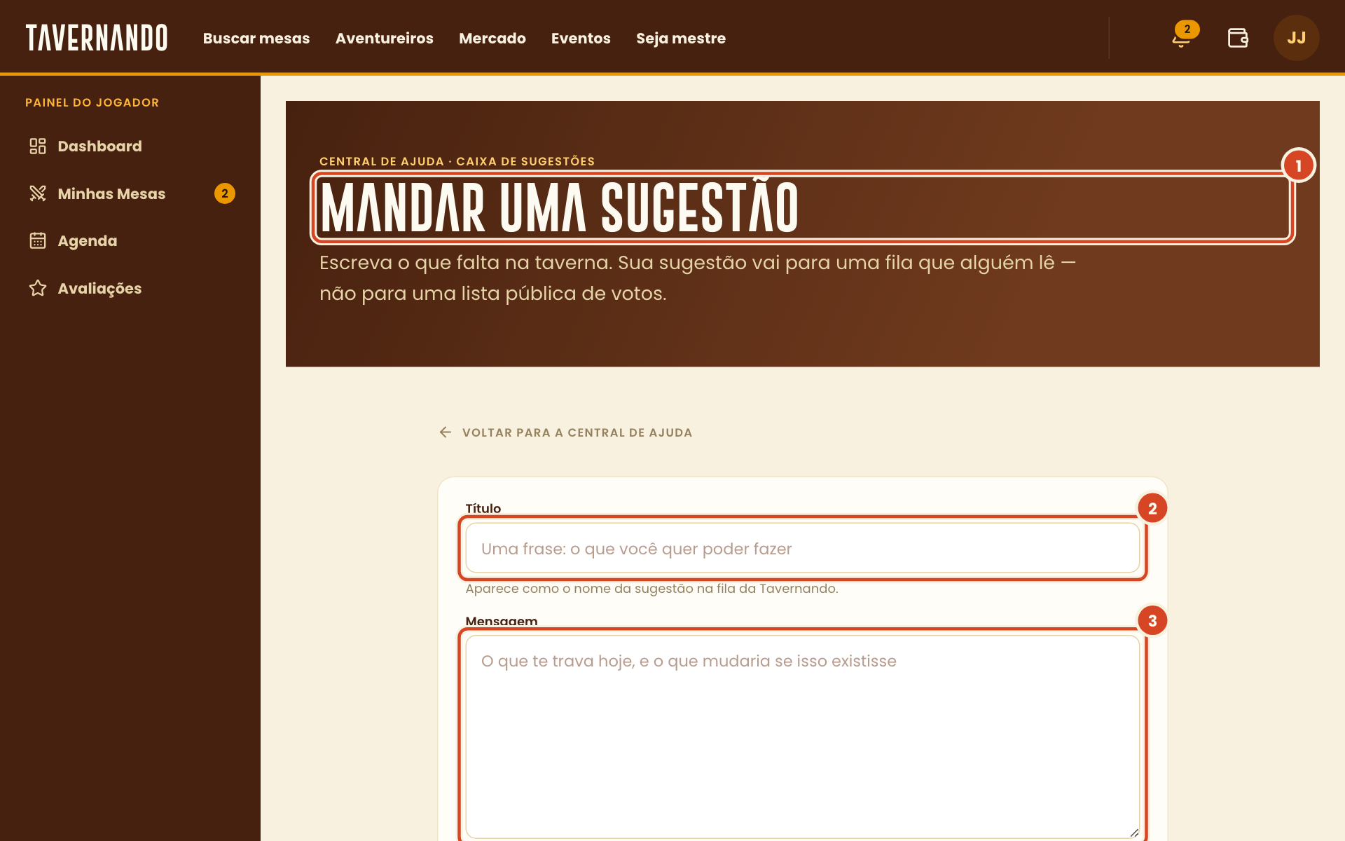 Página Mandar uma sugestão com o título, o campo Título, o campo Mensagem, o botão Enviar sugestão e o bloco O que acontece depois destacados