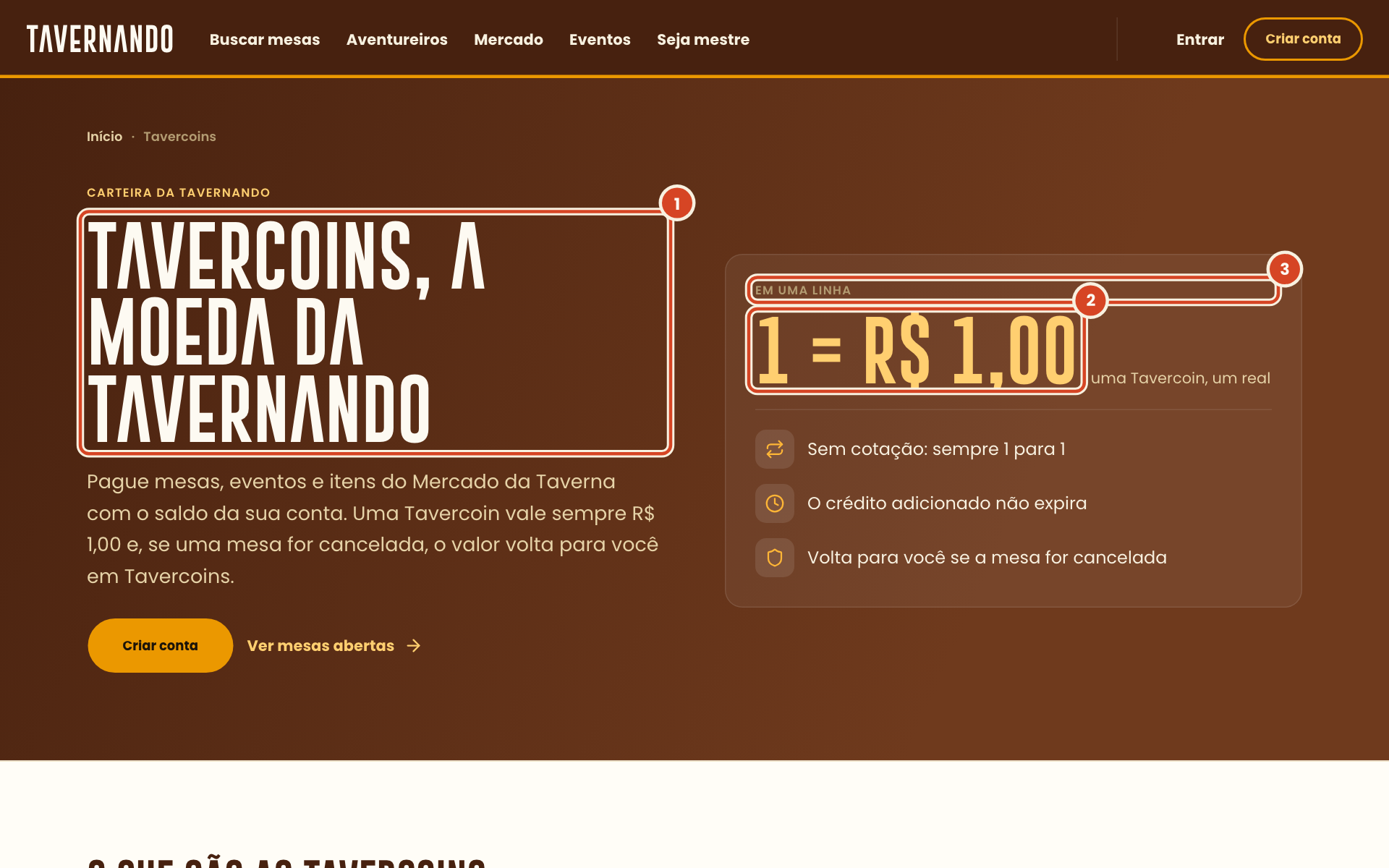 Página pública Tavercoins, a moeda da Tavernando, com o título, a regra 1 = R$ 1,00 e o quadro Em uma linha destacados